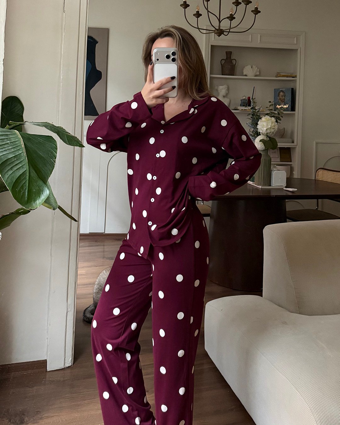 Dotti Puantiyeli Bordo Pijama Takımı