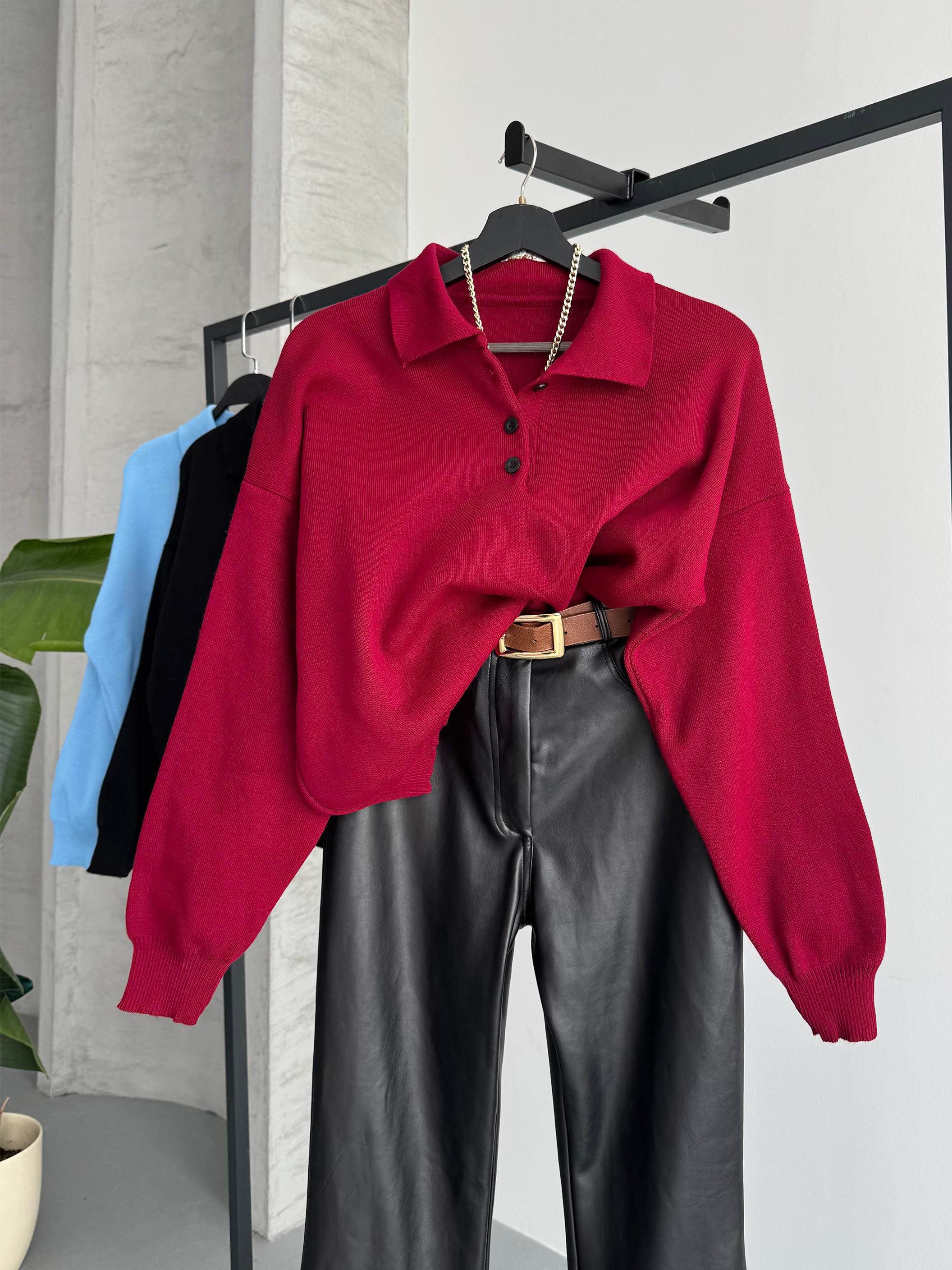 Düğme Detaylı Polo Yaka Bordo Triko Kazak