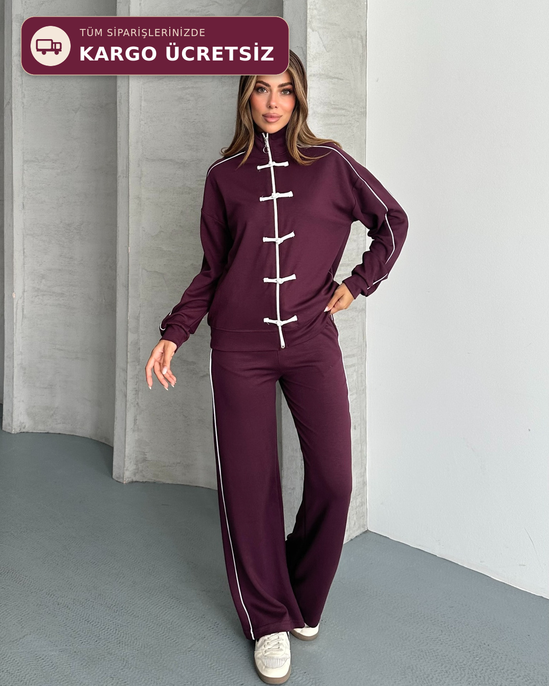 Düğüm Detaylı Fermuarlı Bordo İkili Takım