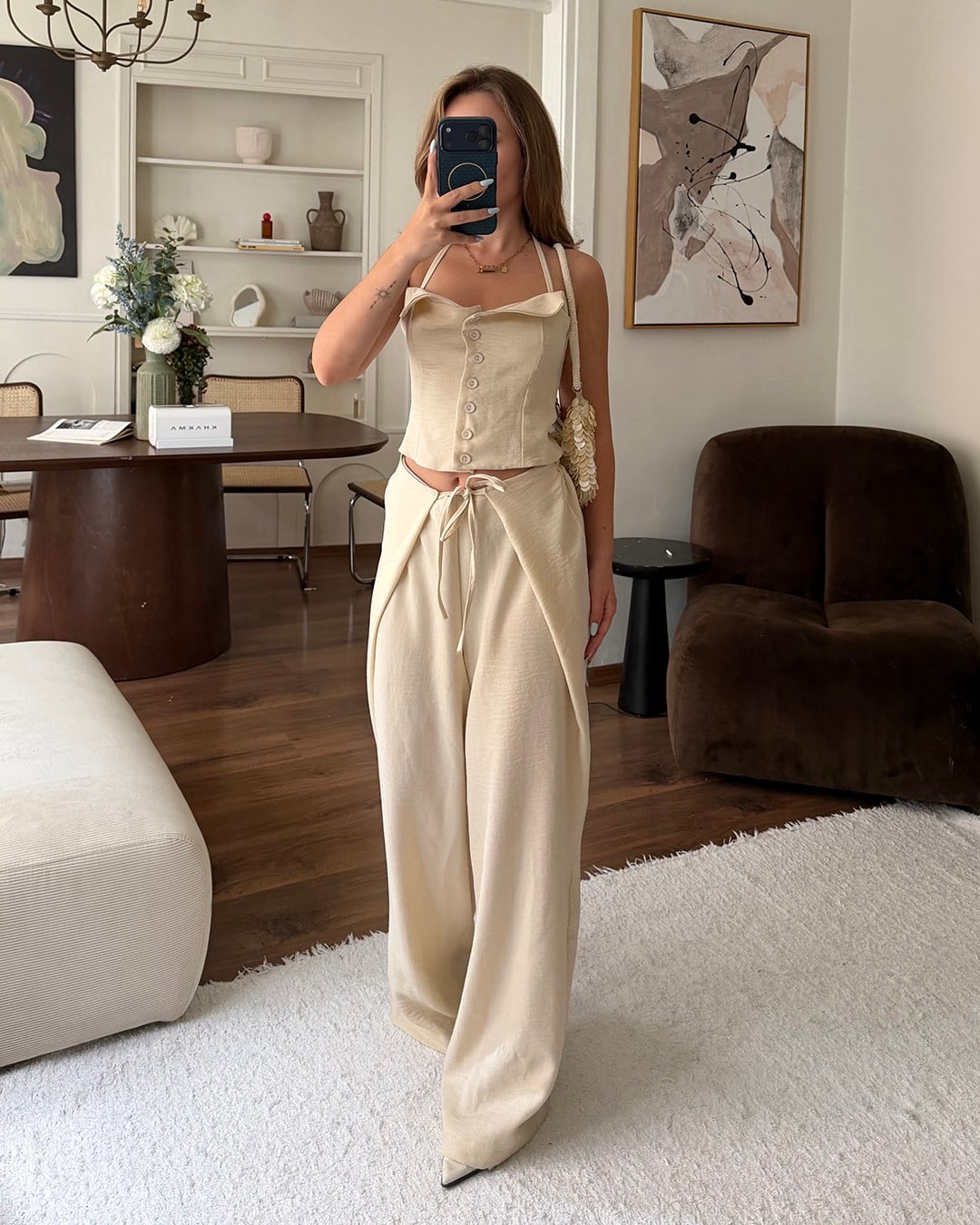 Ekru Askılı Büstiyer Pantolon Takım