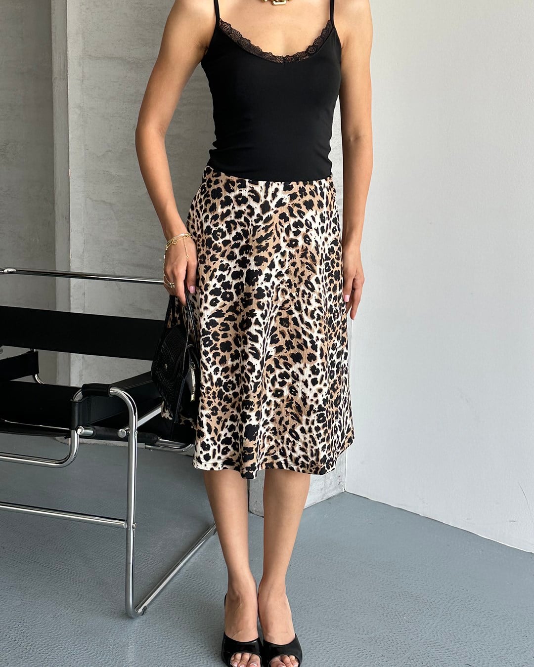Ekru Desenli Leopar Midi Etek
