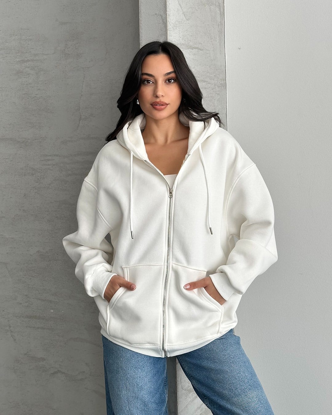 Fermuarlı Kapüşonlu Oversize Beyaz Hırka