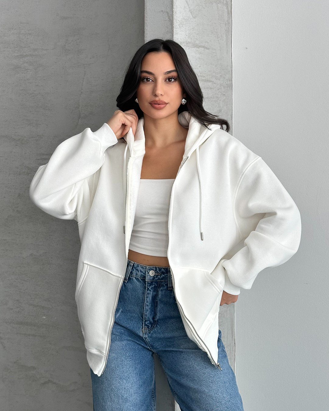 Fermuarlı Kapüşonlu Oversize Beyaz Hırka