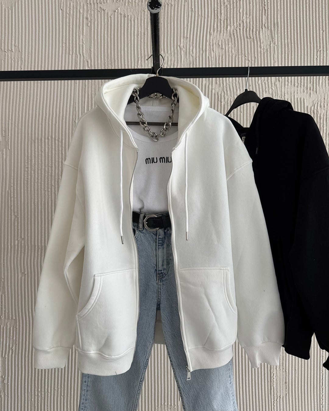 Fermuarlı Kapüşonlu Oversize Beyaz Hırka