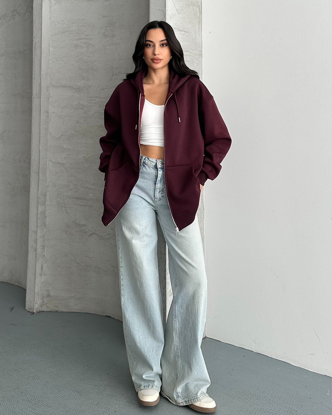 Fermuarlı Kapüşonlu Oversize Bordo Hırka