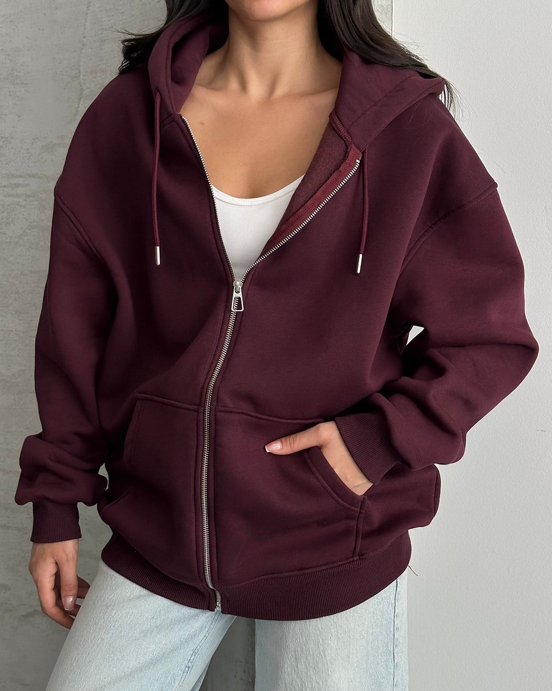 Fermuarlı Kapüşonlu Oversize Bordo Hırka