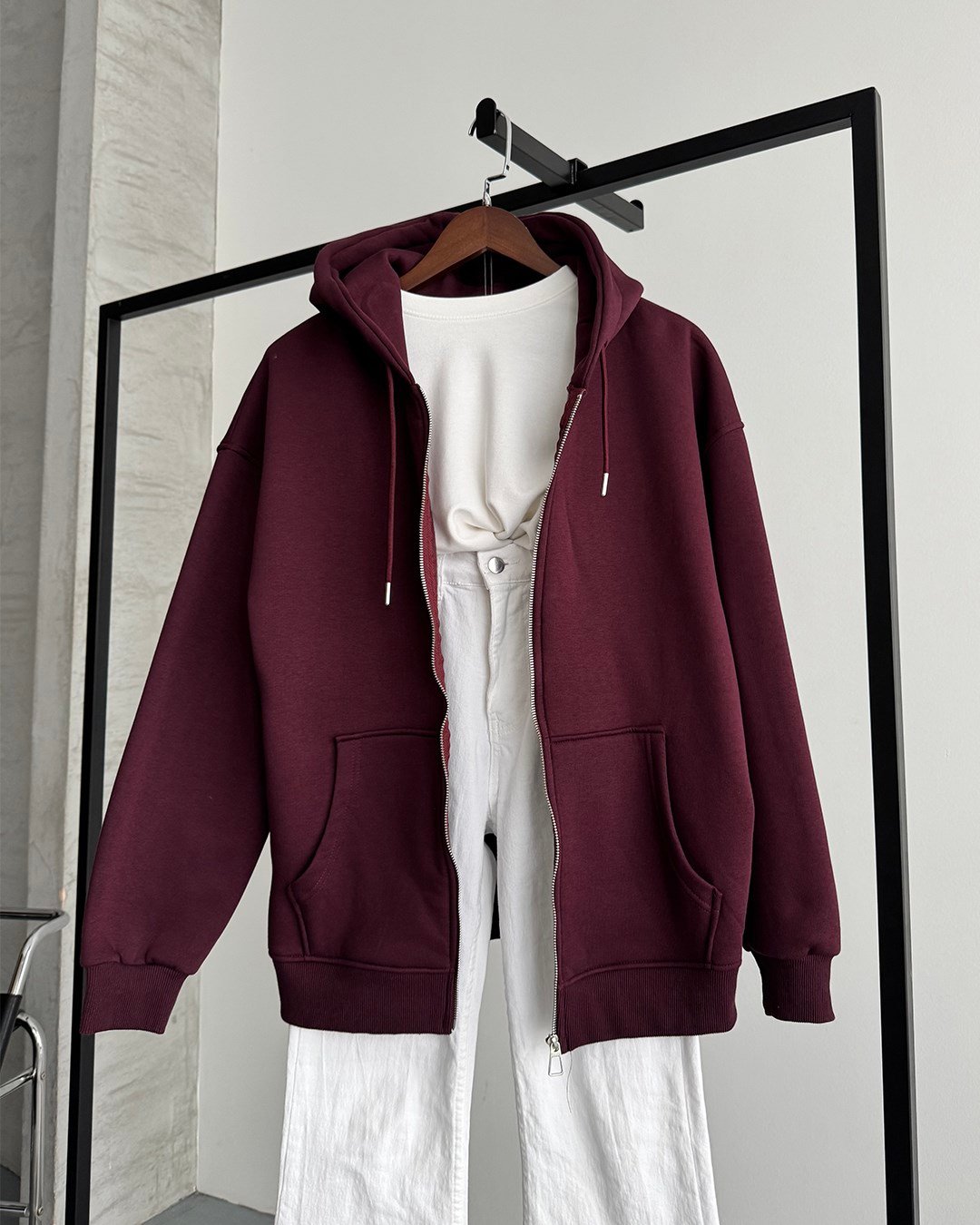 Fermuarlı Kapüşonlu Oversize Bordo Hırka
