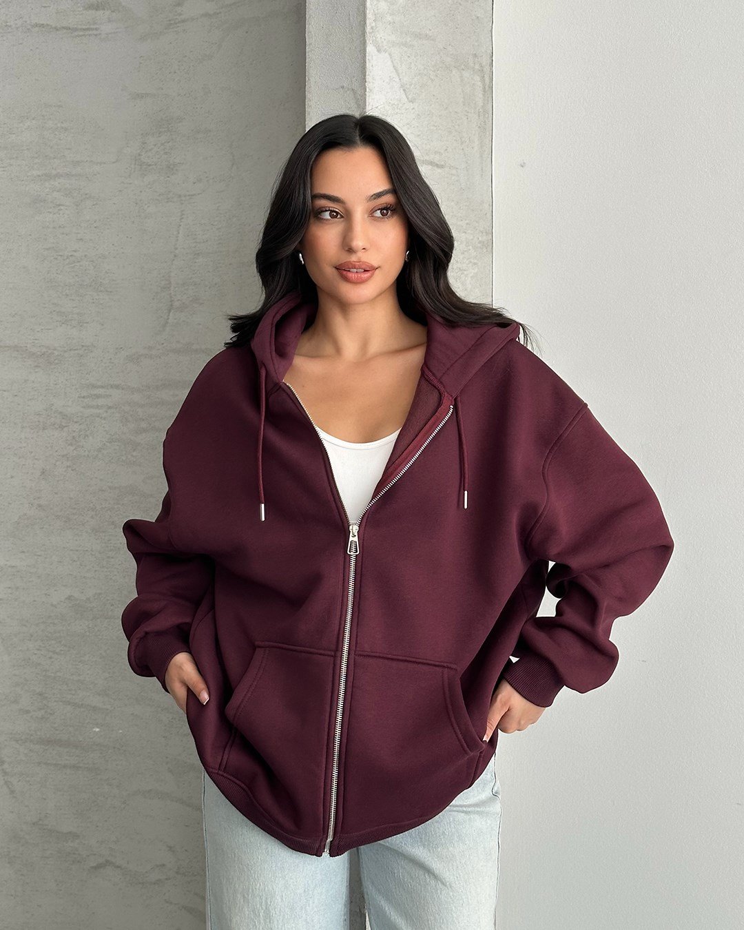 Fermuarlı Kapüşonlu Oversize Bordo Hırka