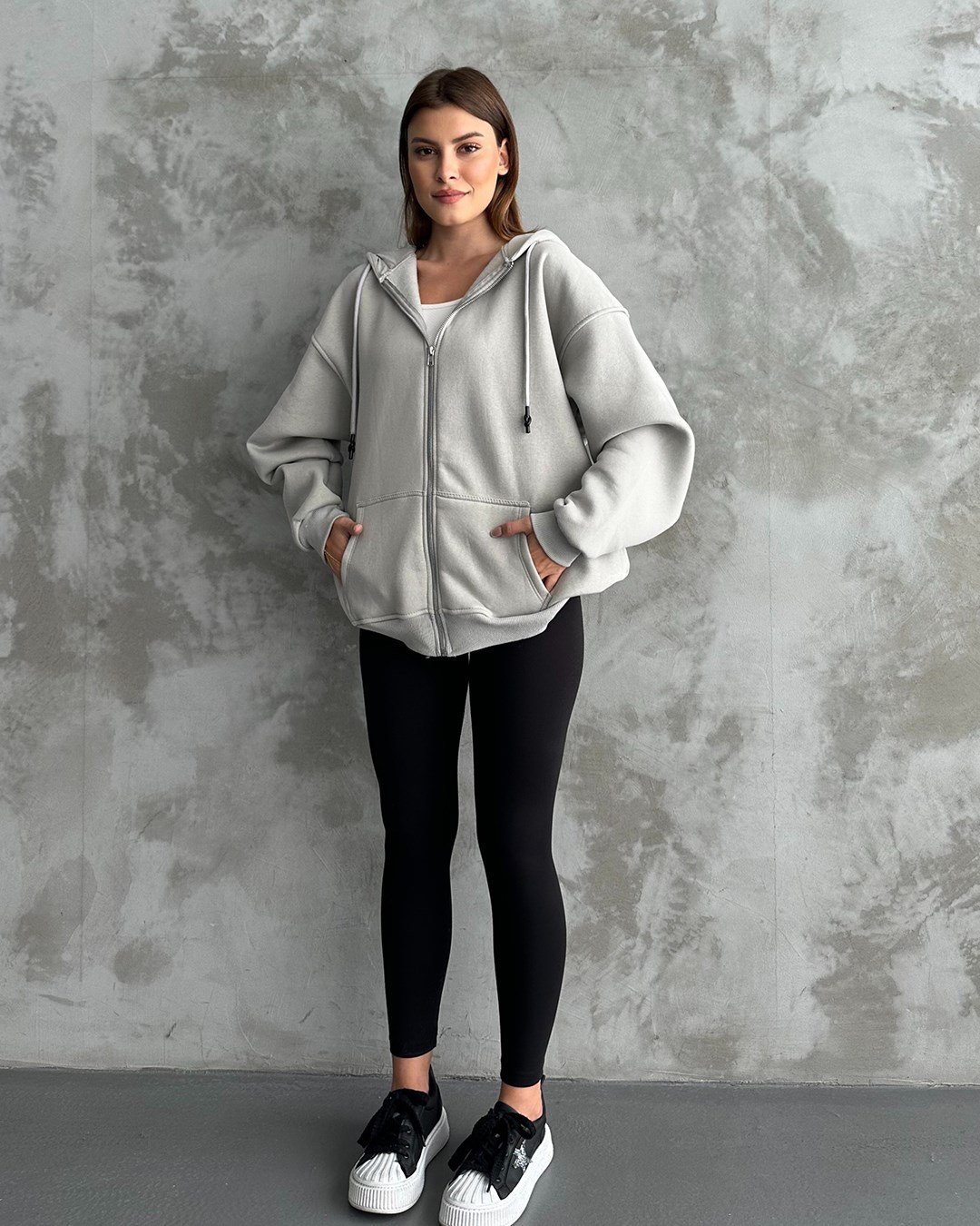 Fermuarlı Kapüşonlu Oversize Gri Hırka