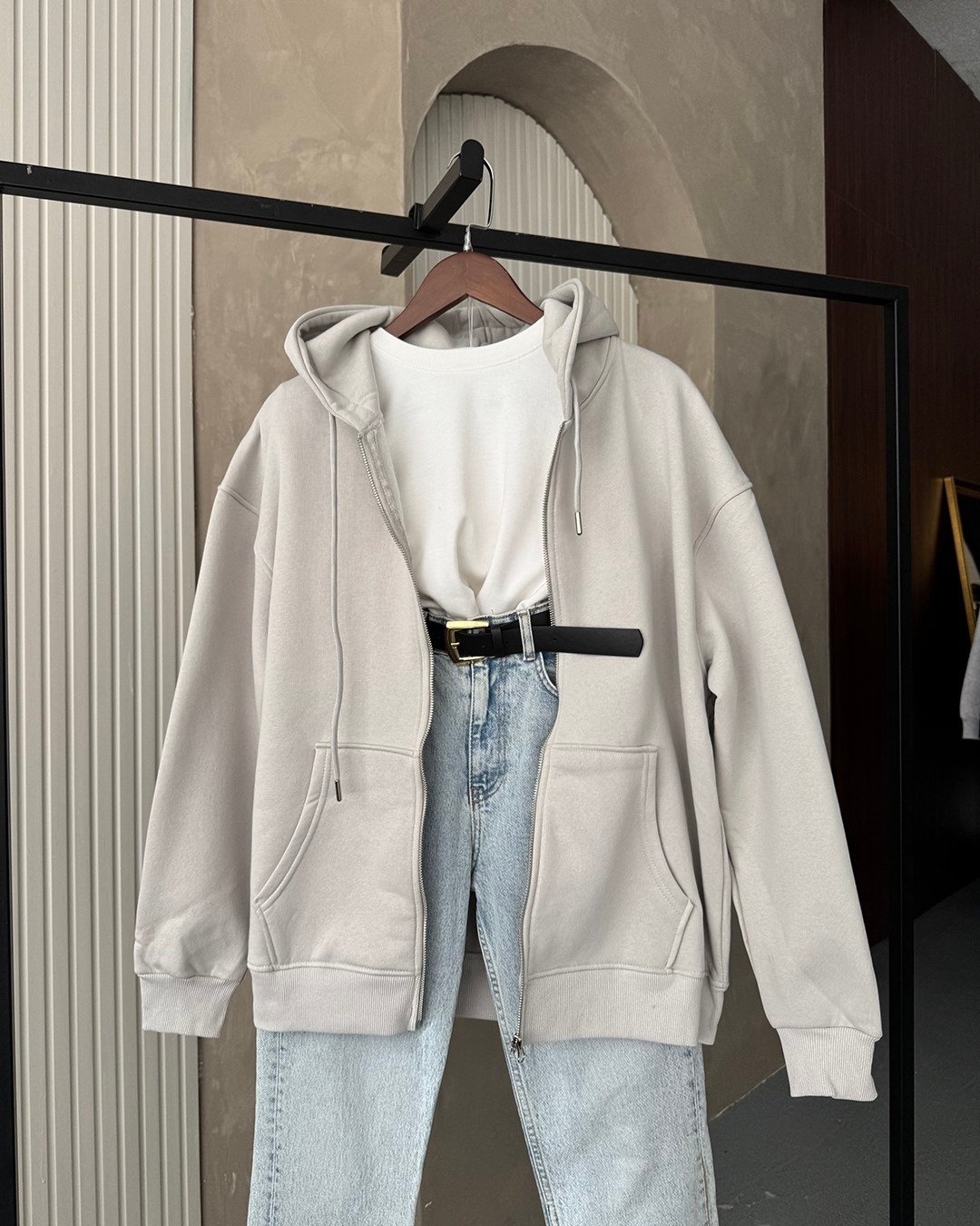 Fermuarlı Kapüşonlu Oversize Gri Hırka
