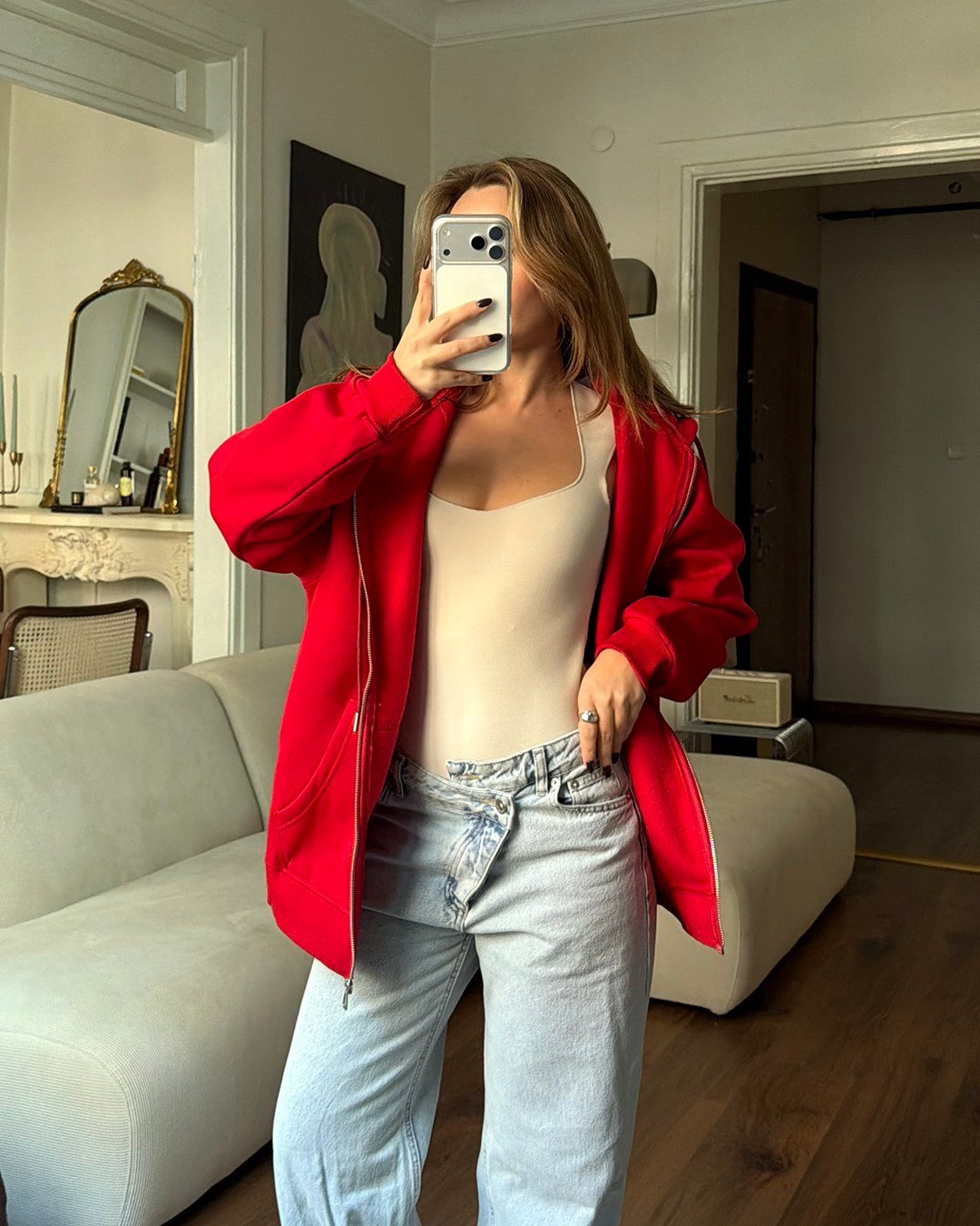 Fermuarlı Kapüşonlu Oversize Kırmızı Hırka