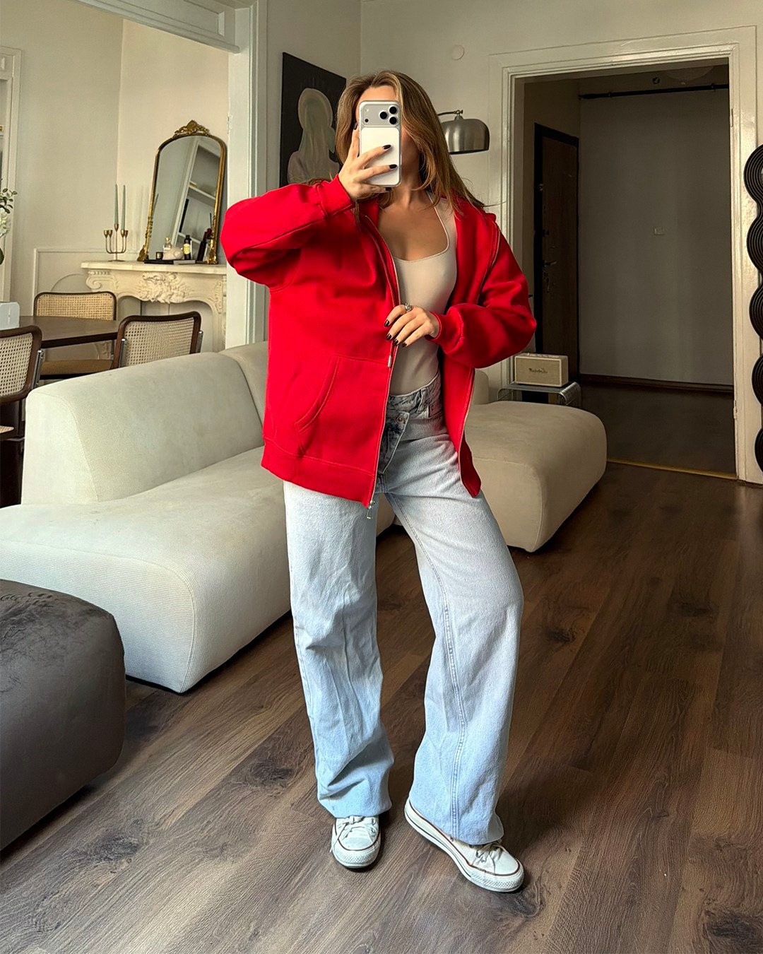 Fermuarlı Kapüşonlu Oversize Kırmızı Hırka