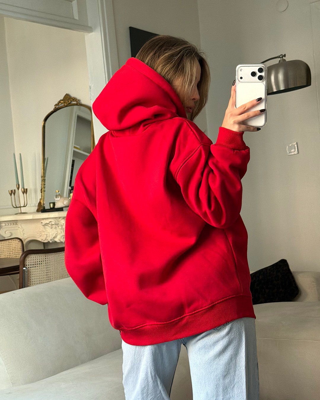 Fermuarlı Kapüşonlu Oversize Kırmızı Hırka