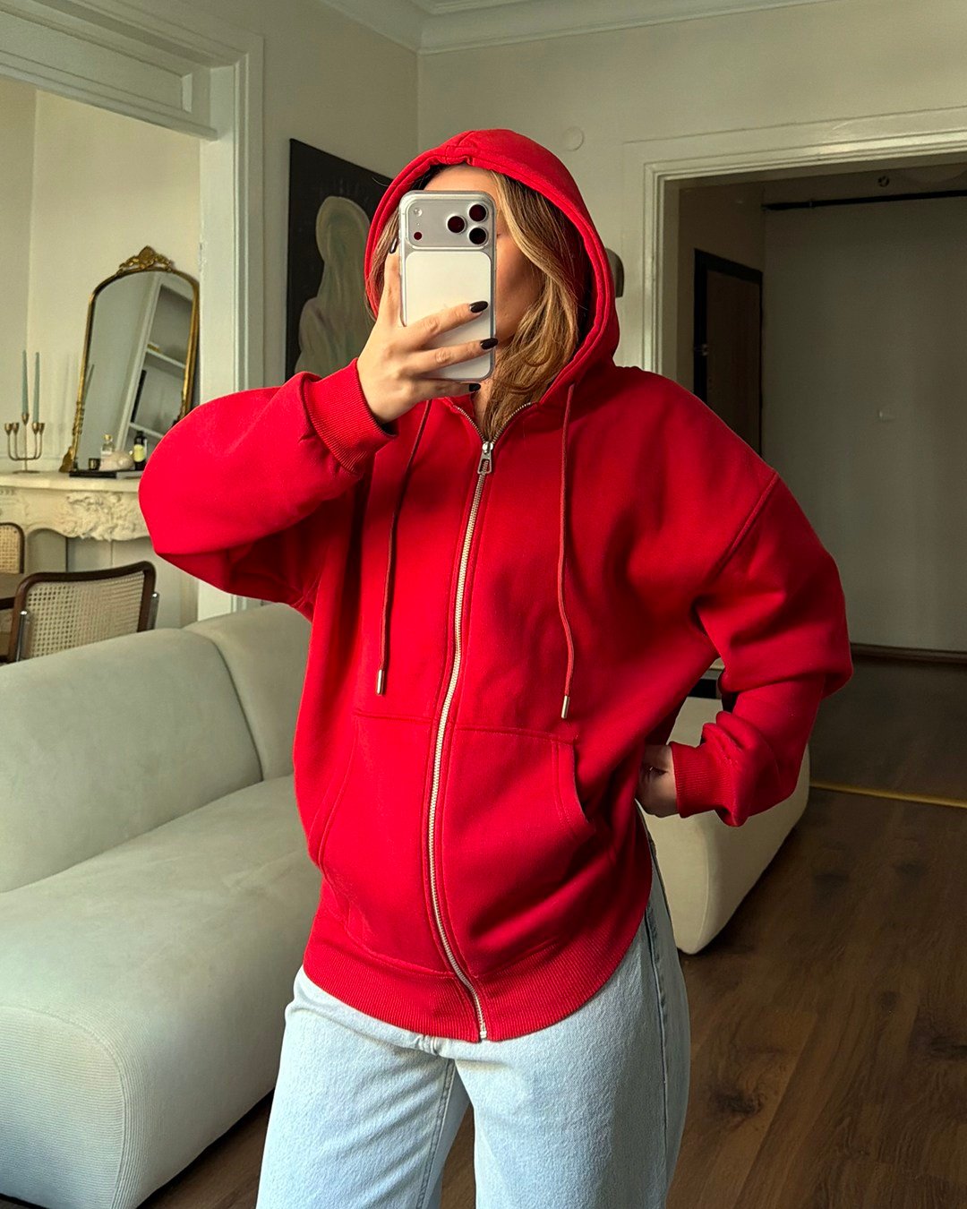 Fermuarlı Kapüşonlu Oversize Kırmızı Hırka