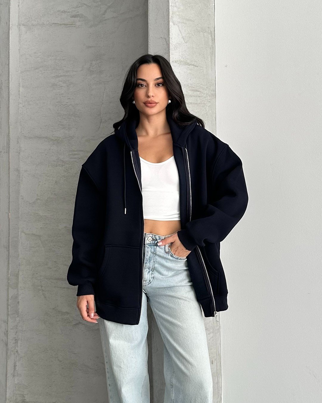Fermuarlı Kapüşonlu Oversize Lacivert Hırka