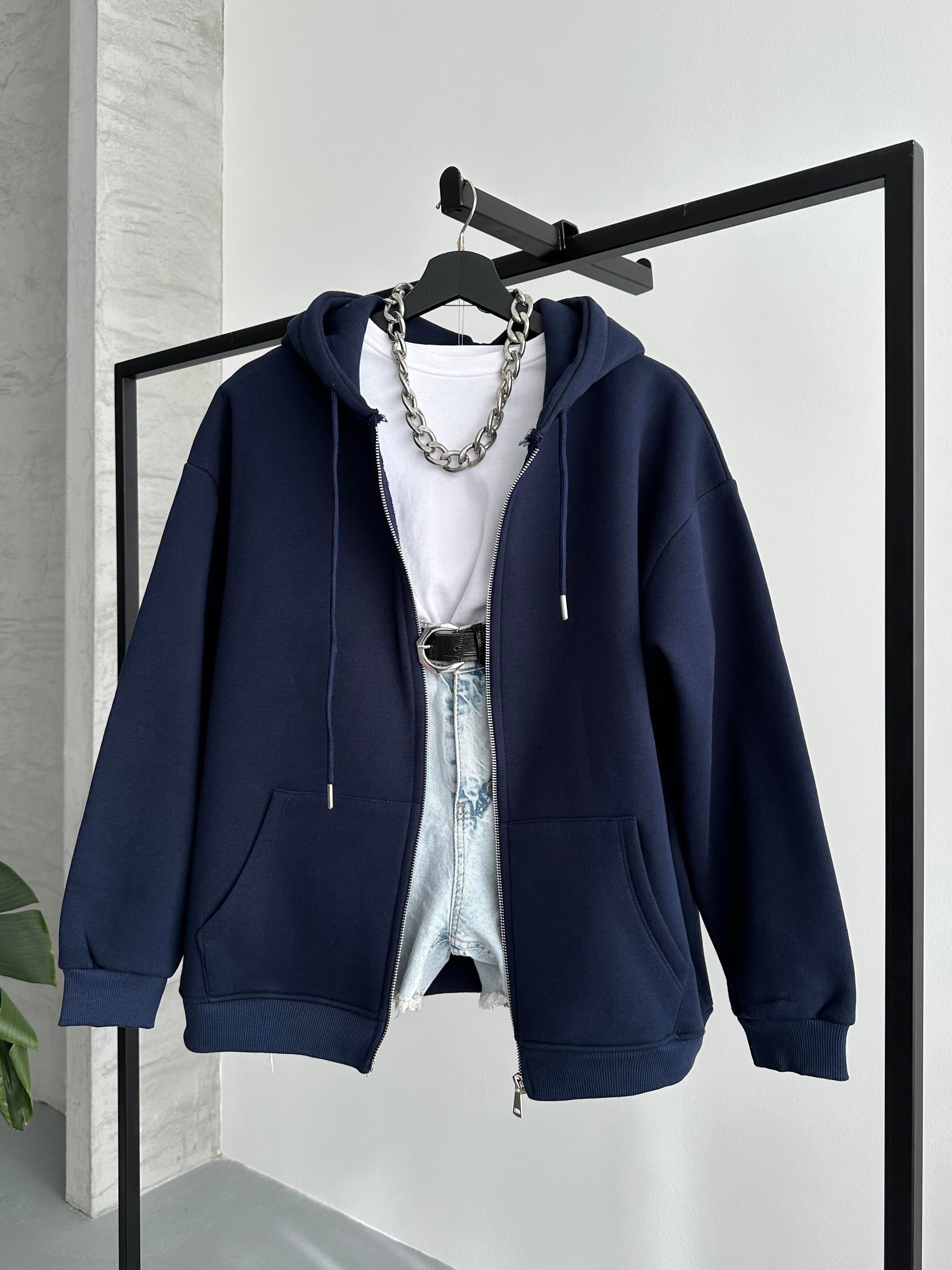 Fermuarlı Kapüşonlu Oversize Lacivert Hırka