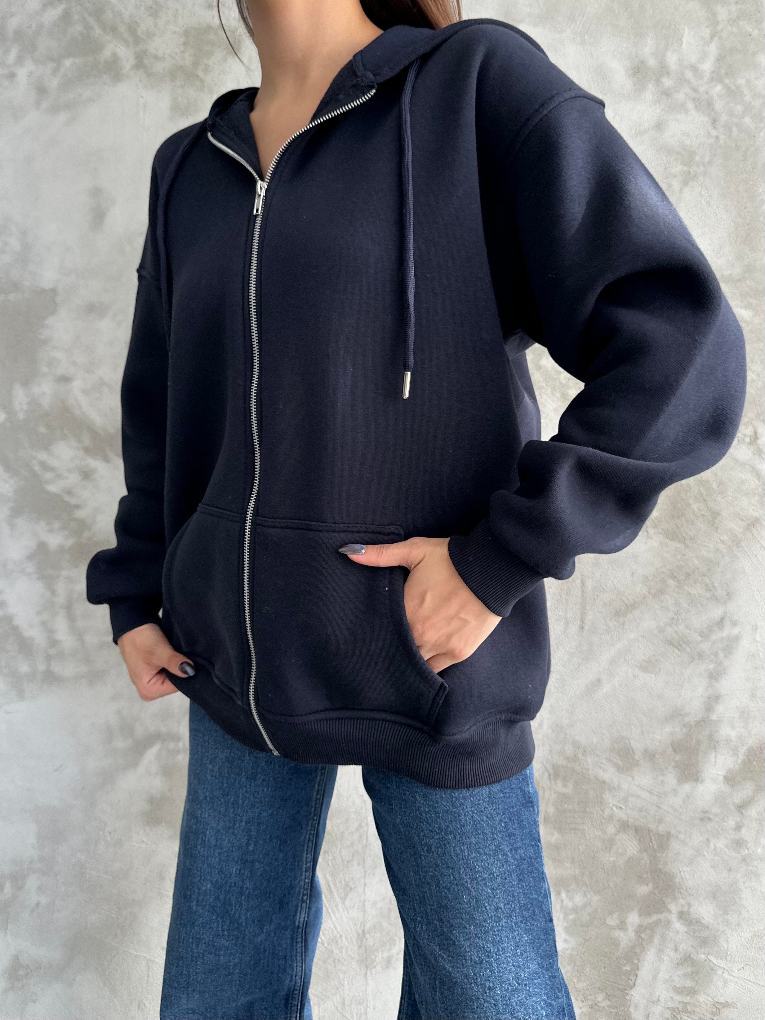 Fermuarlı Kapüşonlu Oversize Lacivert Hırka