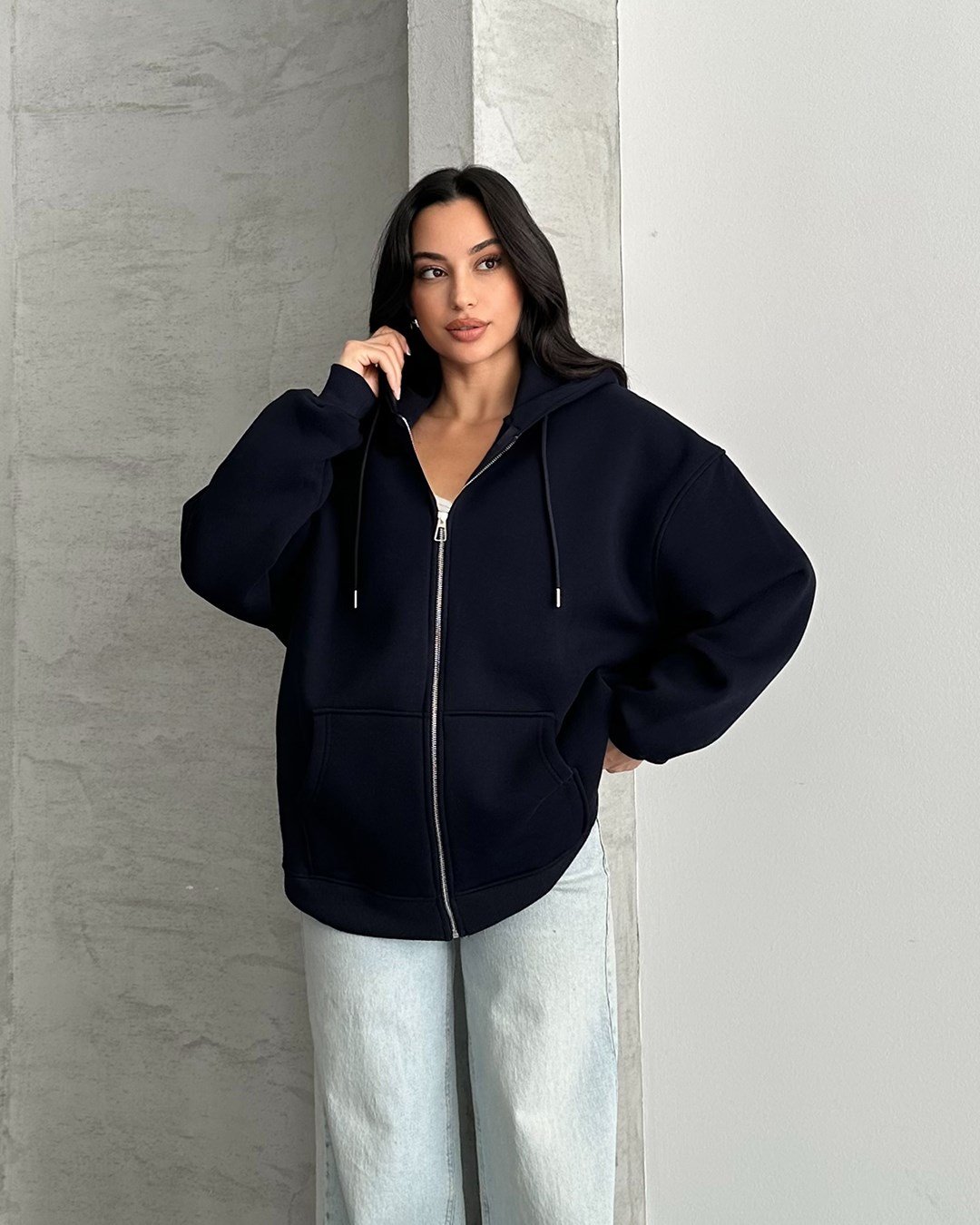 Fermuarlı Kapüşonlu Oversize Lacivert Hırka