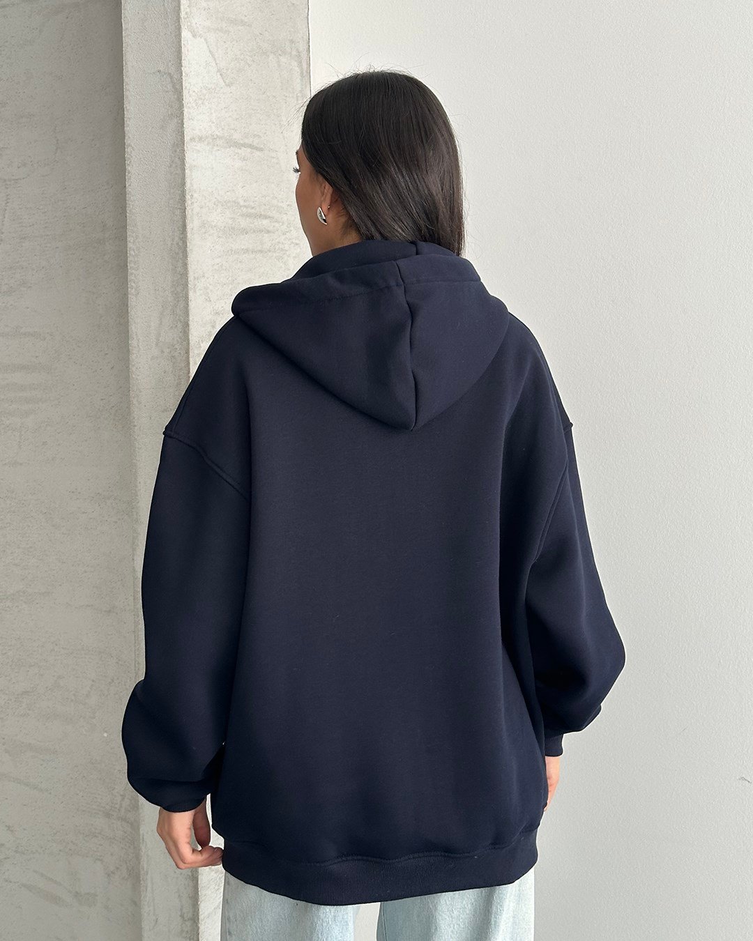 Fermuarlı Kapüşonlu Oversize Lacivert Hırka
