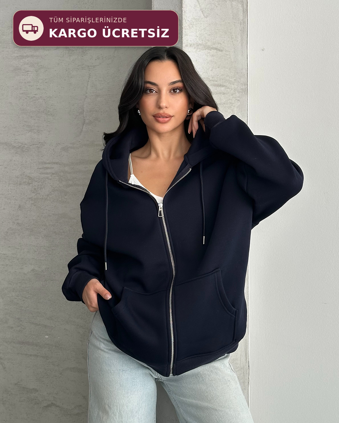 Fermuarlı Kapüşonlu Oversize Lacivert Hırka