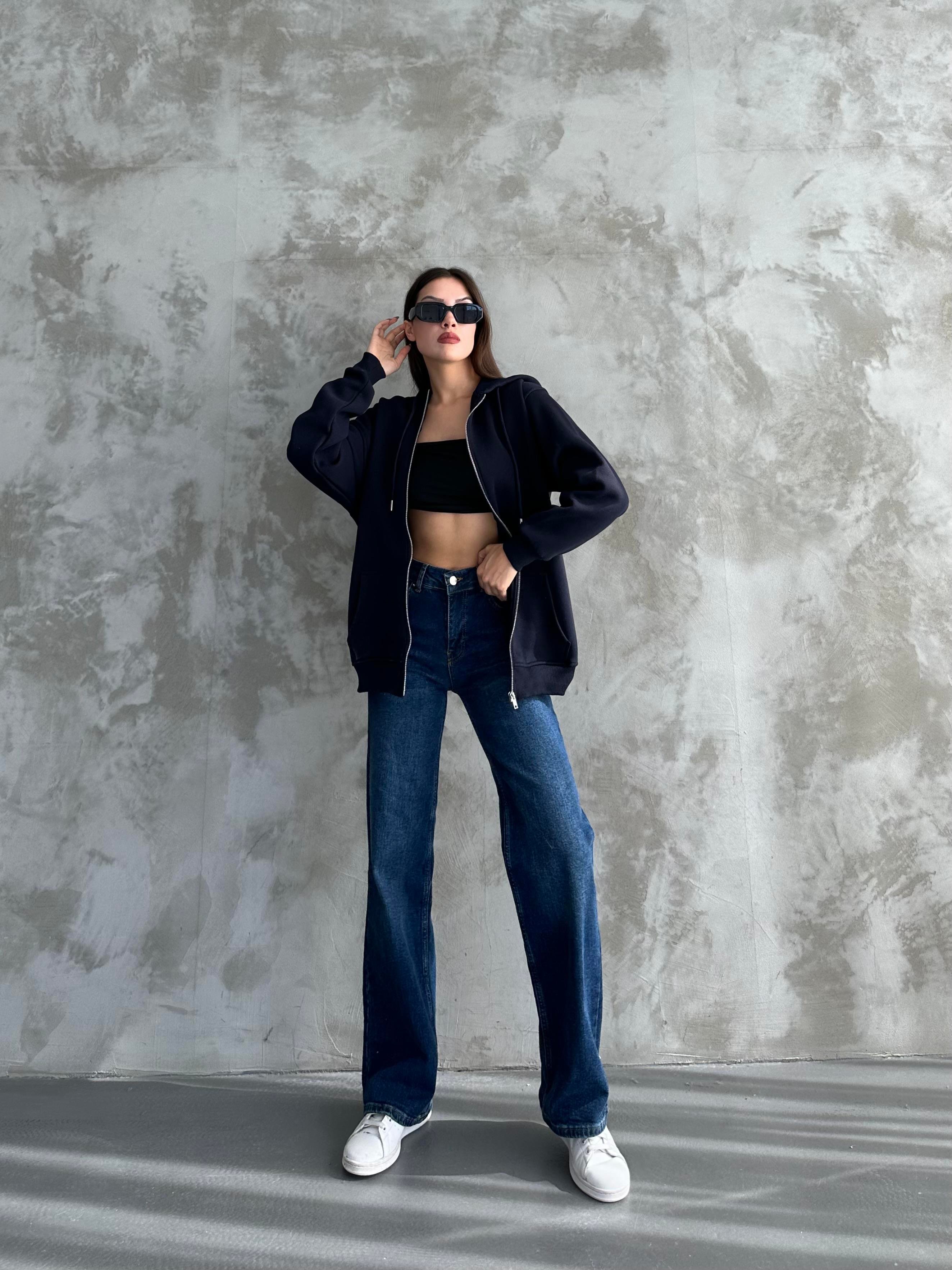 Fermuarlı Kapüşonlu Oversize Lacivert Hırka