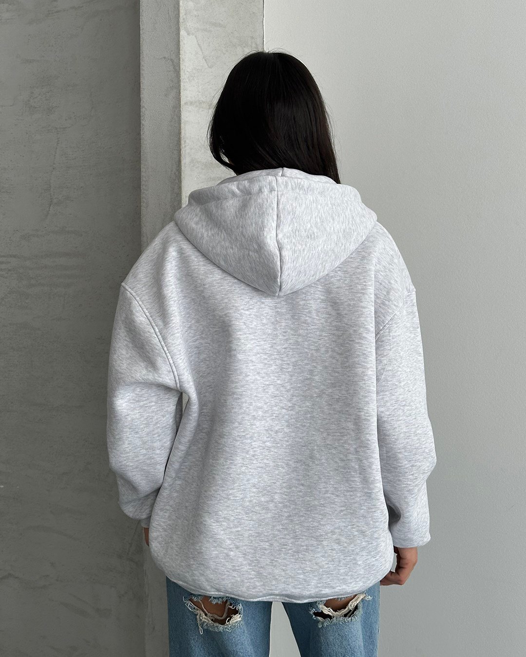Fermuarlı Kapüşonlu Oversize Melanj Hırka