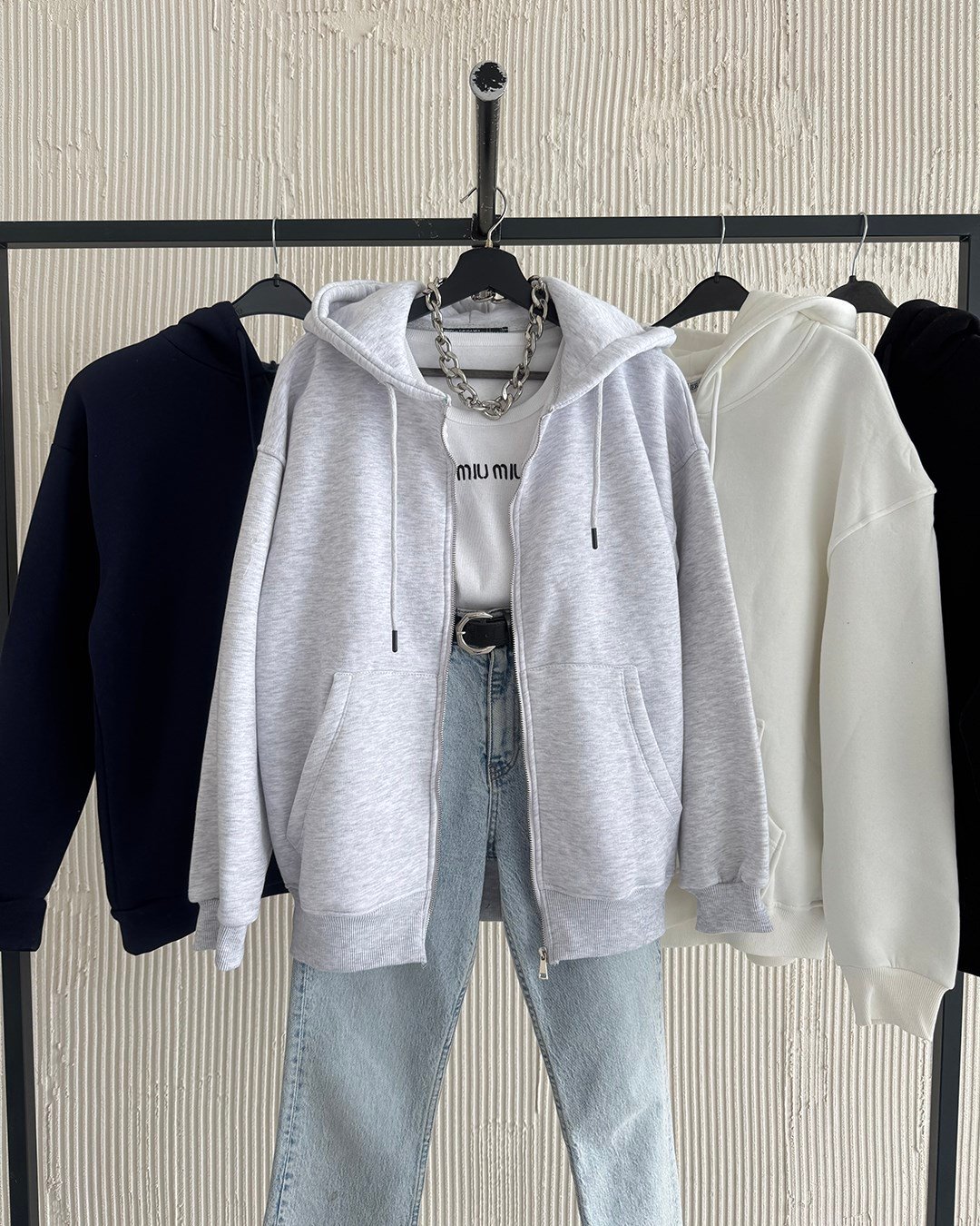Fermuarlı Kapüşonlu Oversize Melanj Hırka