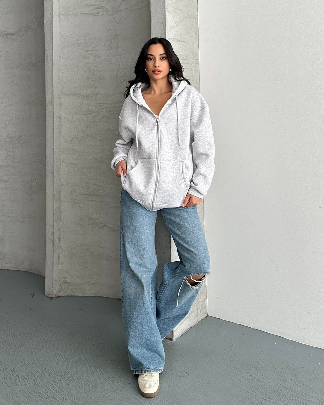 Fermuarlı Kapüşonlu Oversize Melanj Hırka