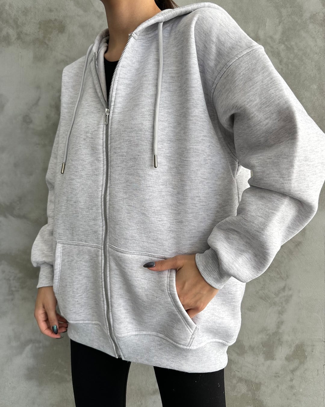 Fermuarlı Kapüşonlu Oversize Melanj Hırka