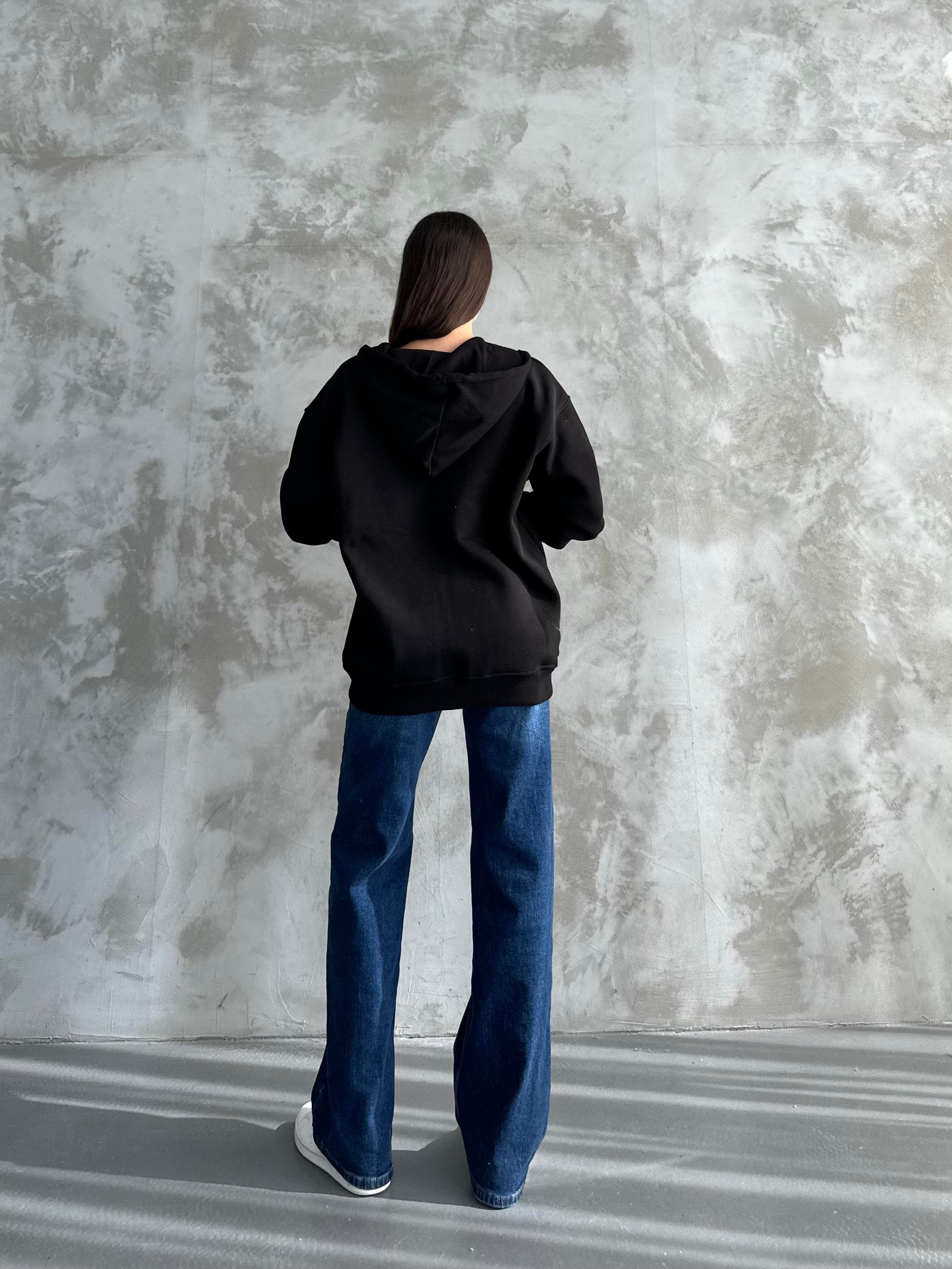 Fermuarlı Kapüşonlu Oversize Siyah Hırka