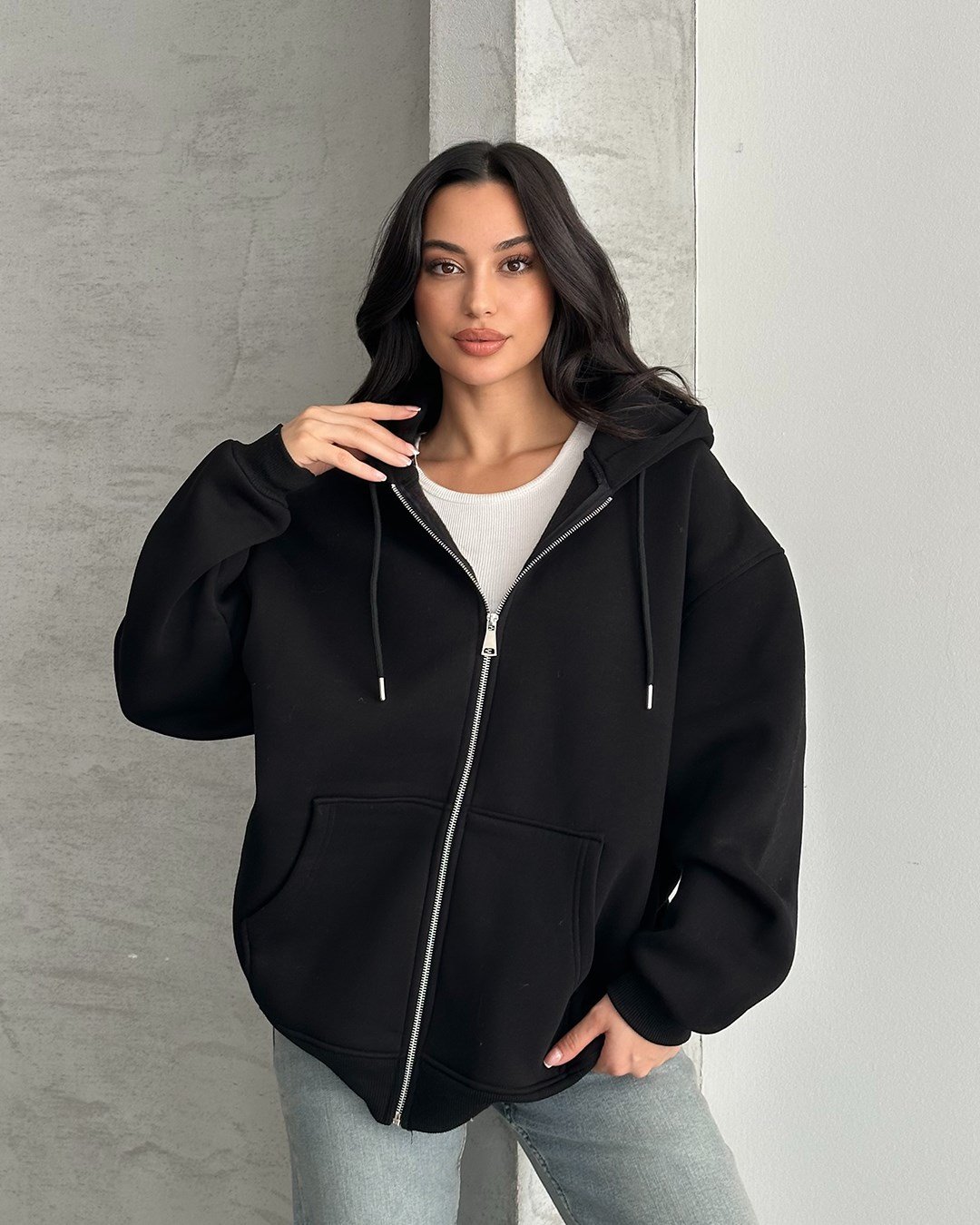 Fermuarlı Kapüşonlu Oversize Siyah Hırka
