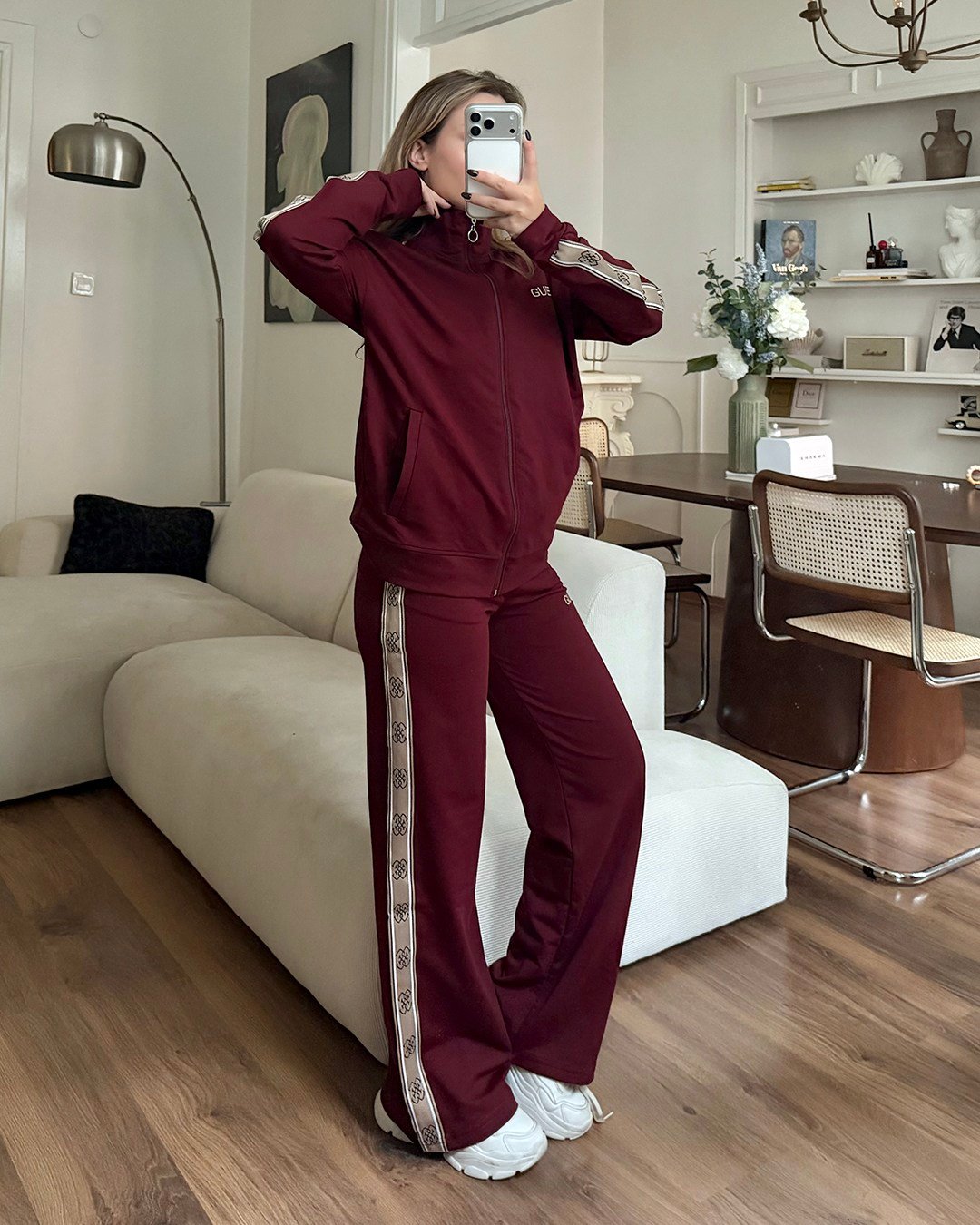 Fermuarlı Şerit Detaylı Bordo Eşofman Takımı