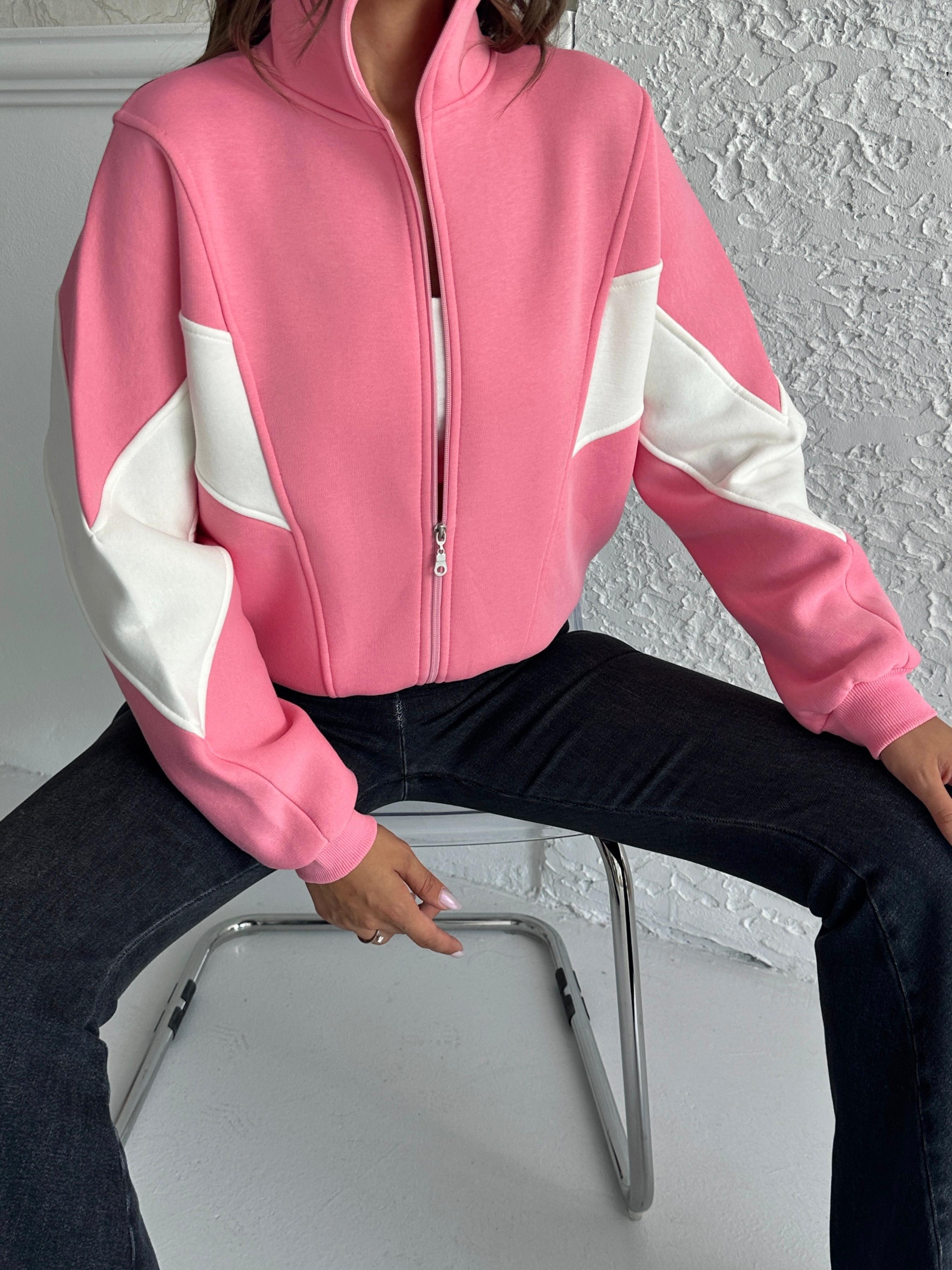 Fermuarlı Sportif Pembe Sweatshirt