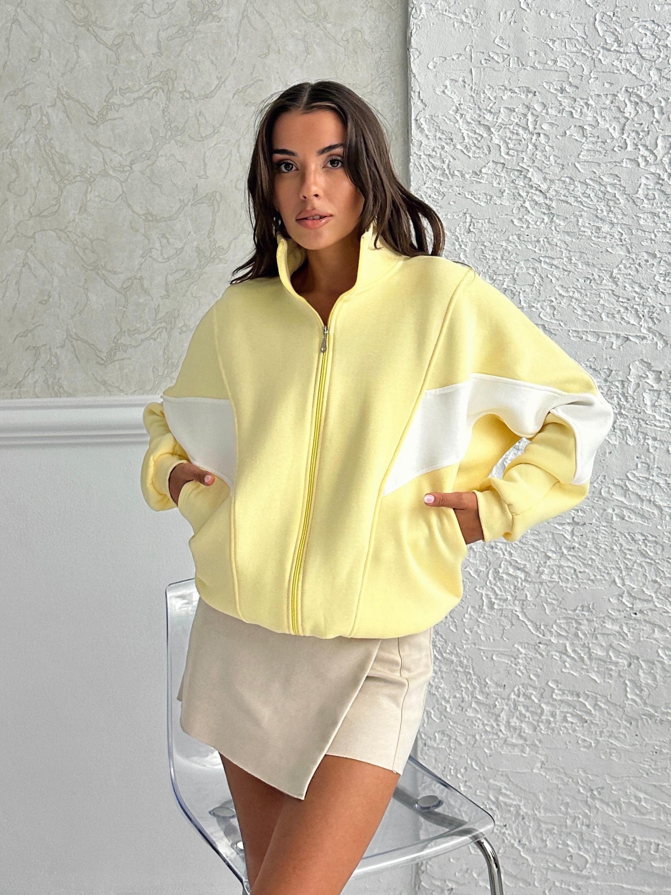 Fermuarlı Sportif Sarı Sweatshirt