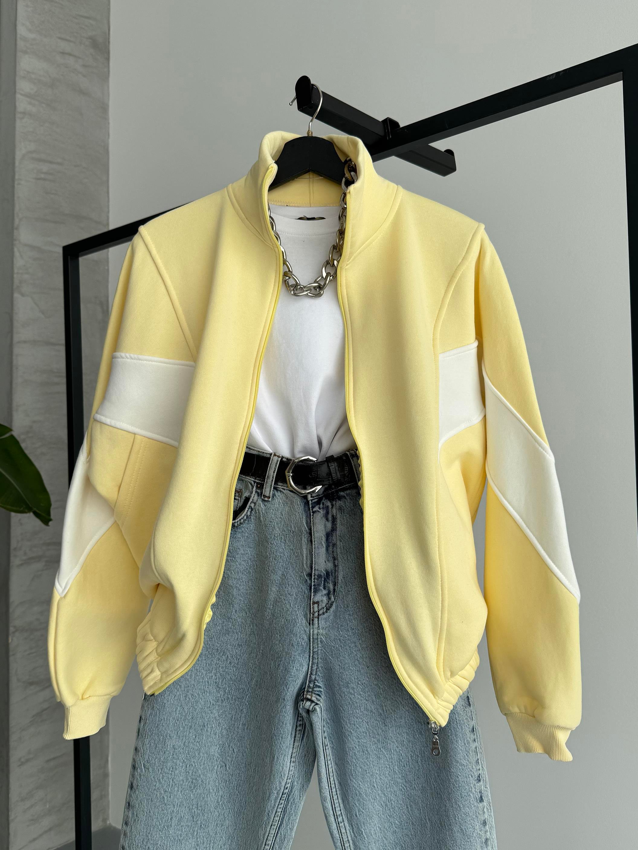 Fermuarlı Sportif Sarı Sweatshirt