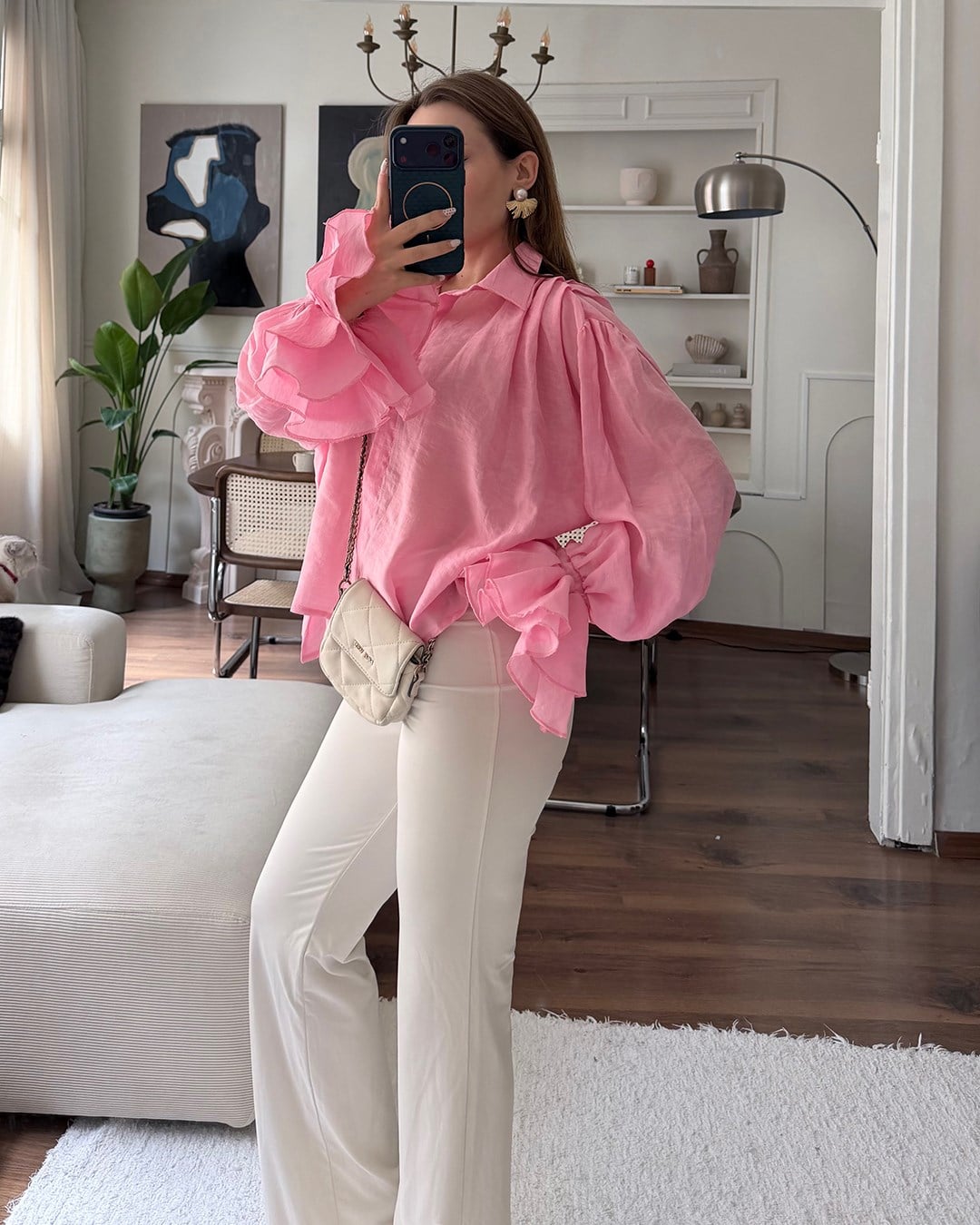 Fırfır Kollu Pembe Şifon Gömlek