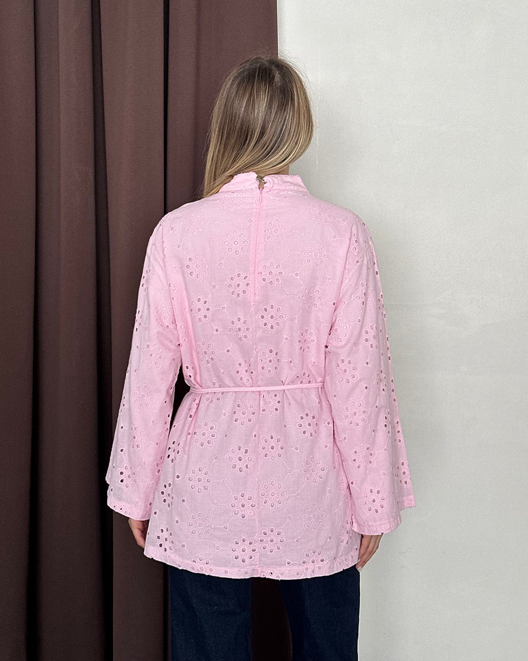 Fisto Nakışlı Kuşaklı Pembe Tunik