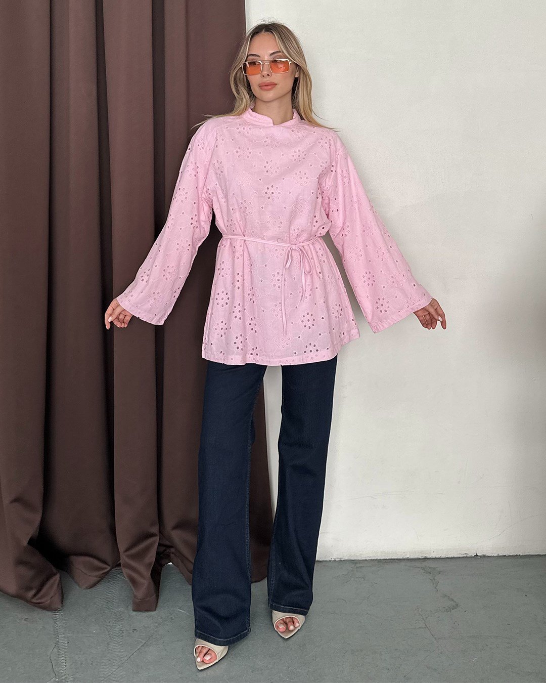 Fisto Nakışlı Kuşaklı Pembe Tunik