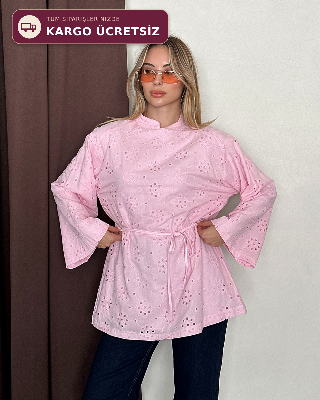Fisto Nakışlı Kuşaklı Pembe Tunik