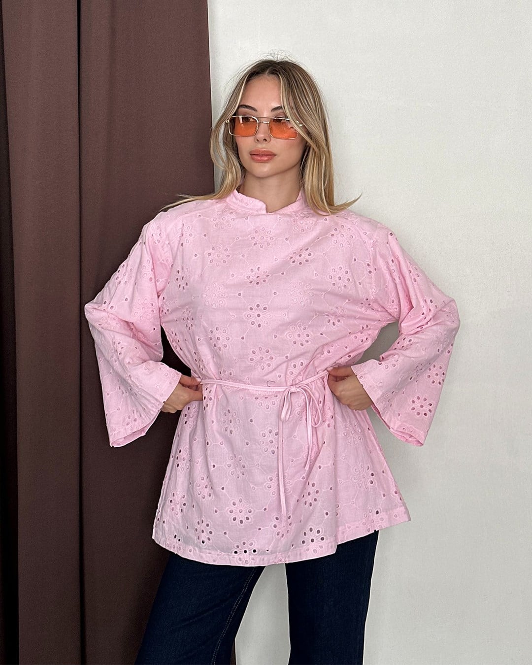 Fisto Nakışlı Kuşaklı Pembe Tunik