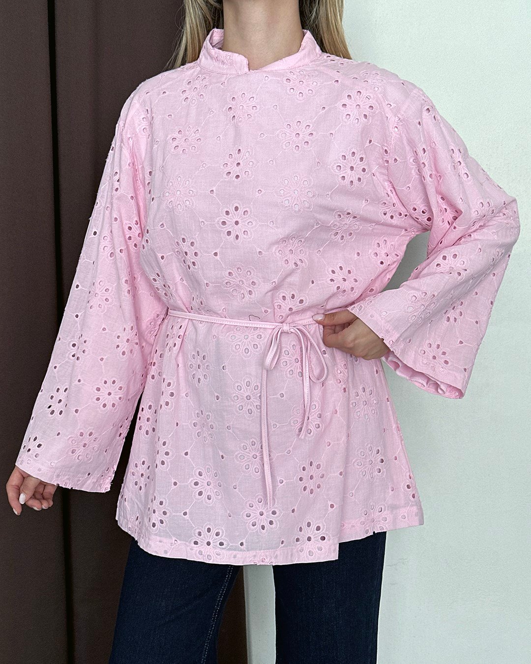 Fisto Nakışlı Kuşaklı Pembe Tunik
