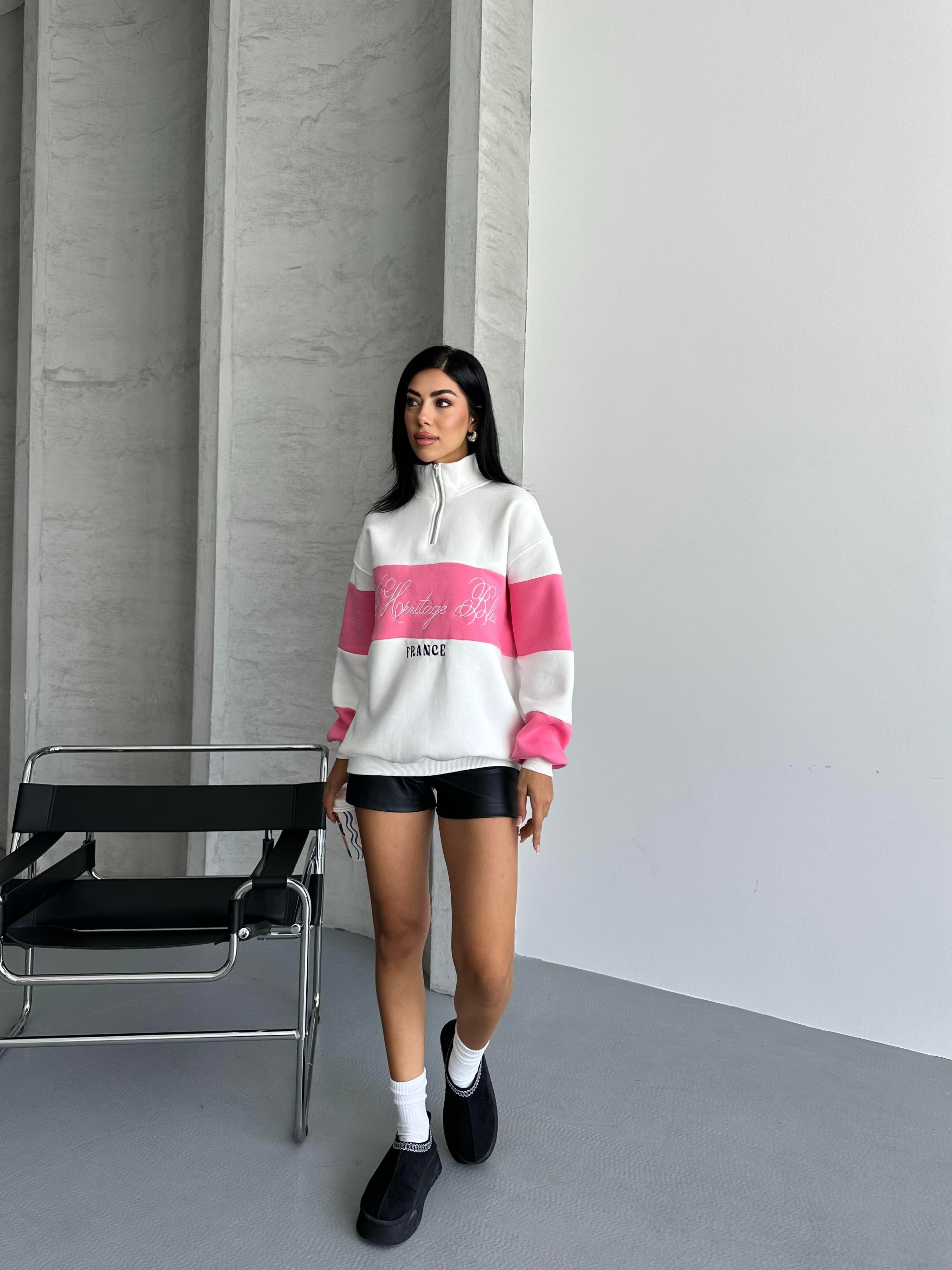 France Nakışlı Fuşya Beyaz Sweatshirt