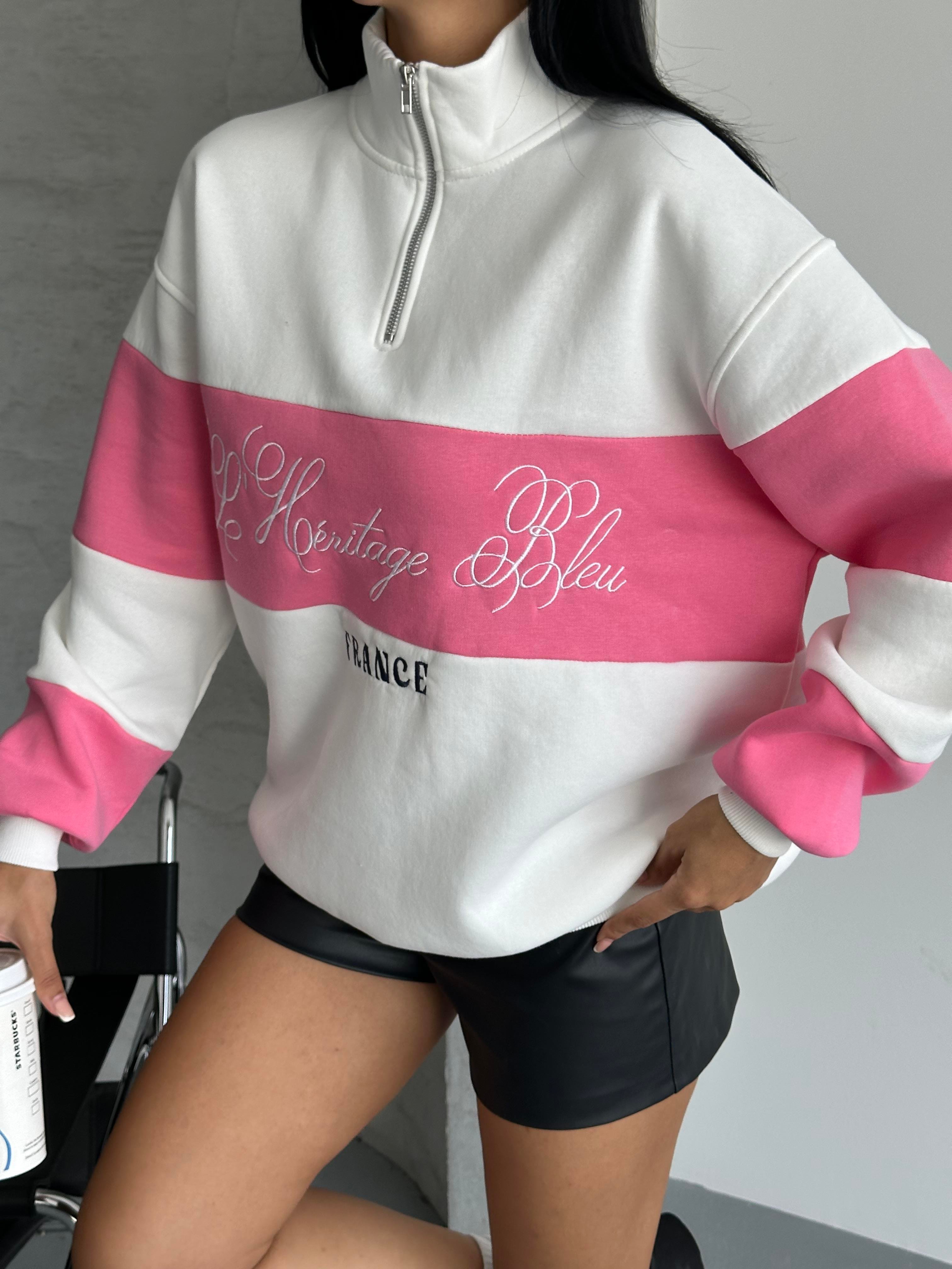 France Nakışlı Fuşya Beyaz Sweatshirt