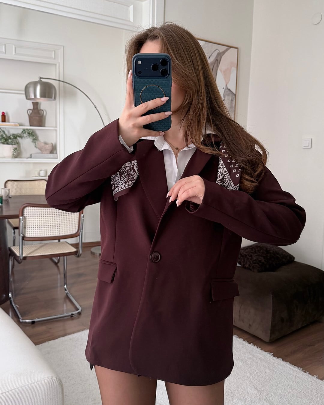 Fularlı Bordo Blazer Ceket