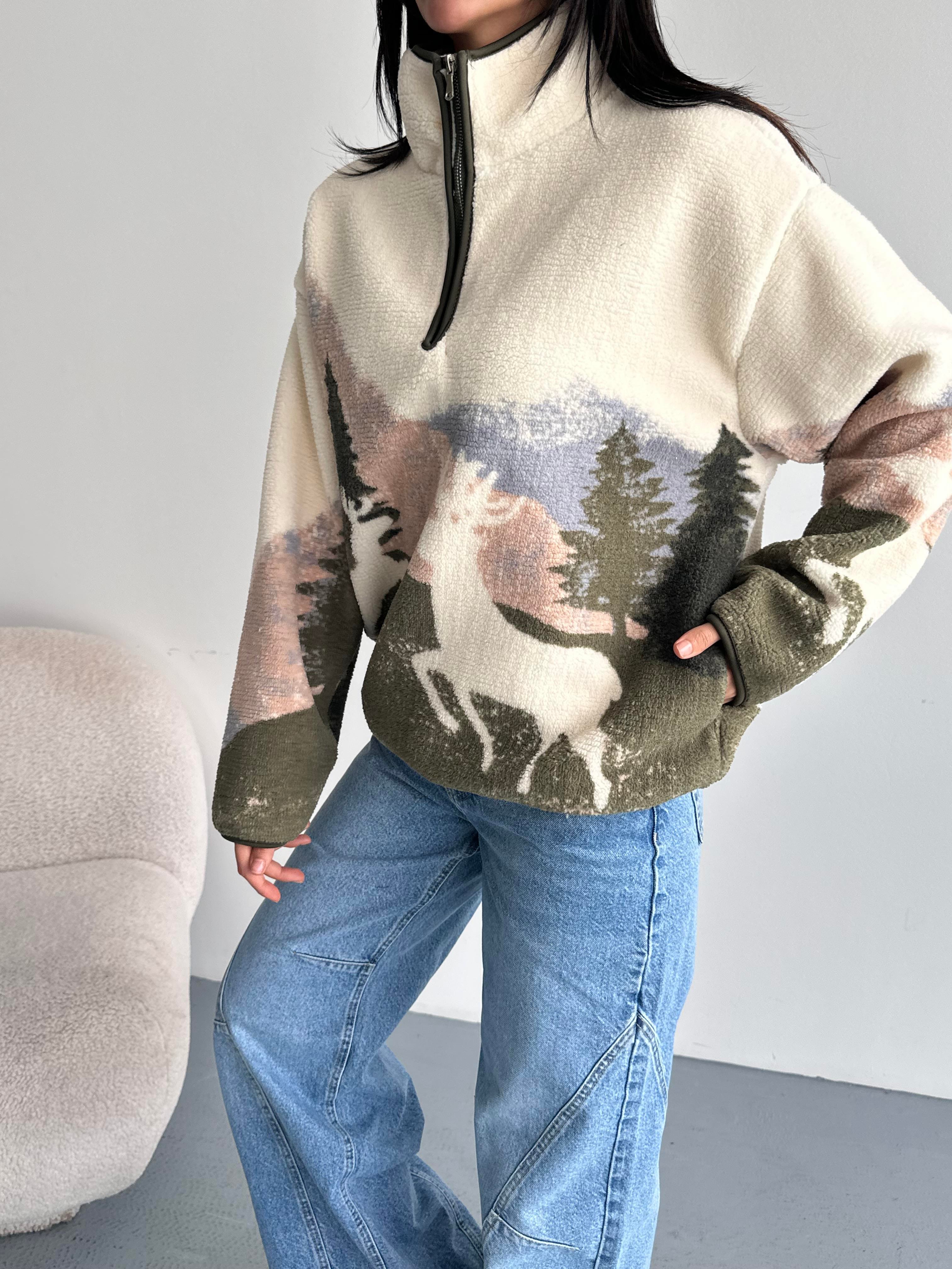 Geyik Desenli Yarım Fermuarlı Polar Sweatshirt