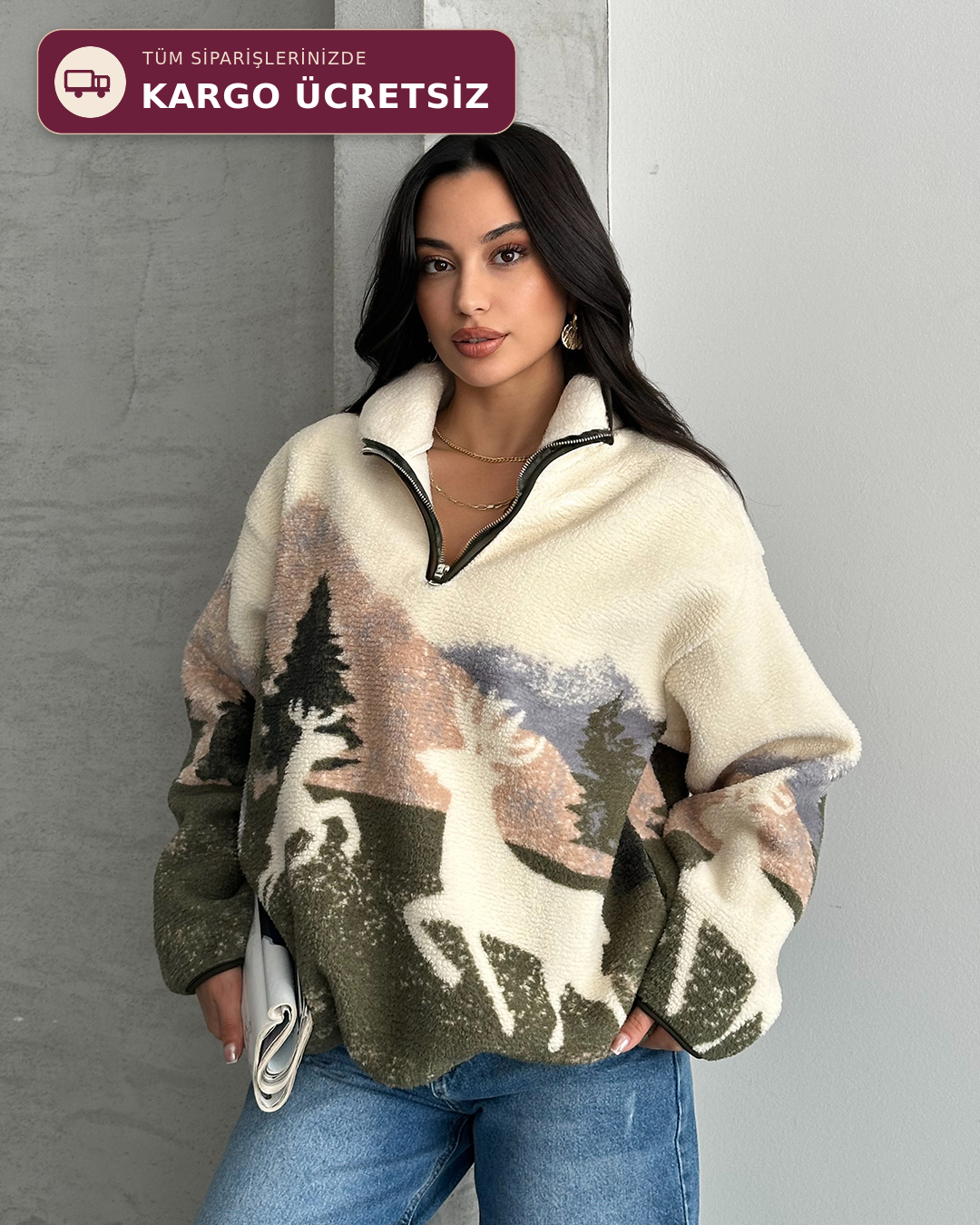 Geyik Desenli Yarım Fermuarlı Polar Sweatshirt