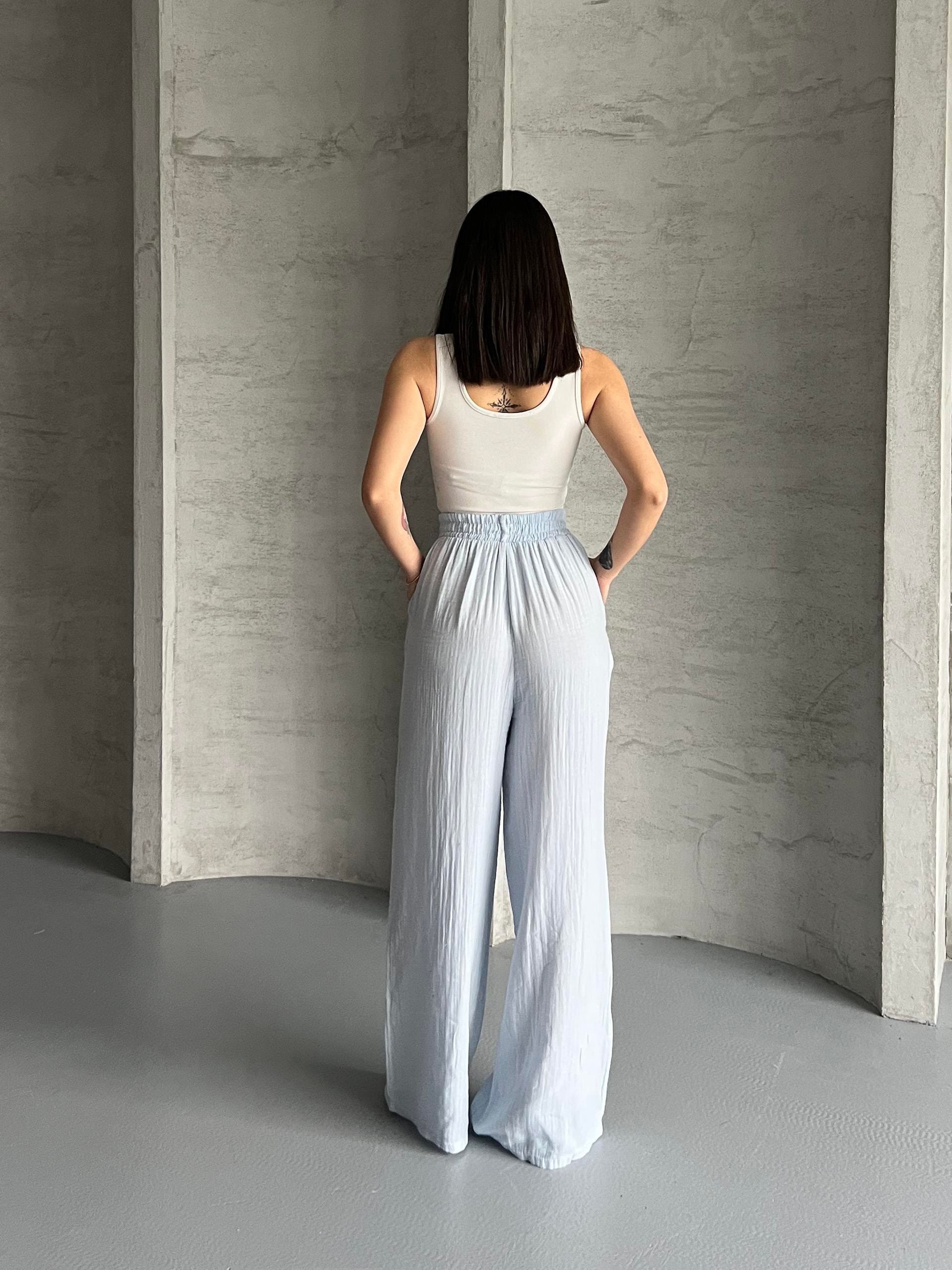 Gofre Kumaş Oversize Bebe Mavisi Pantolon