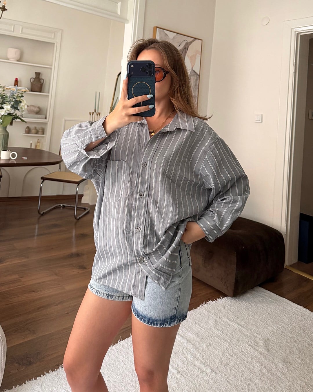 Gri Çizgili Oversize Gömlek