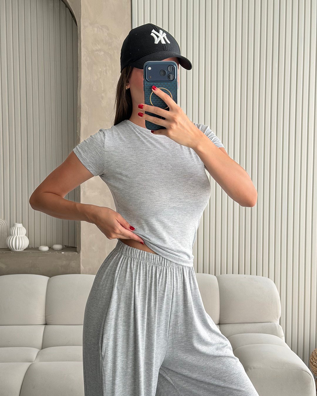 Gri Kimono Pantolon Bluz Üçlü Takım