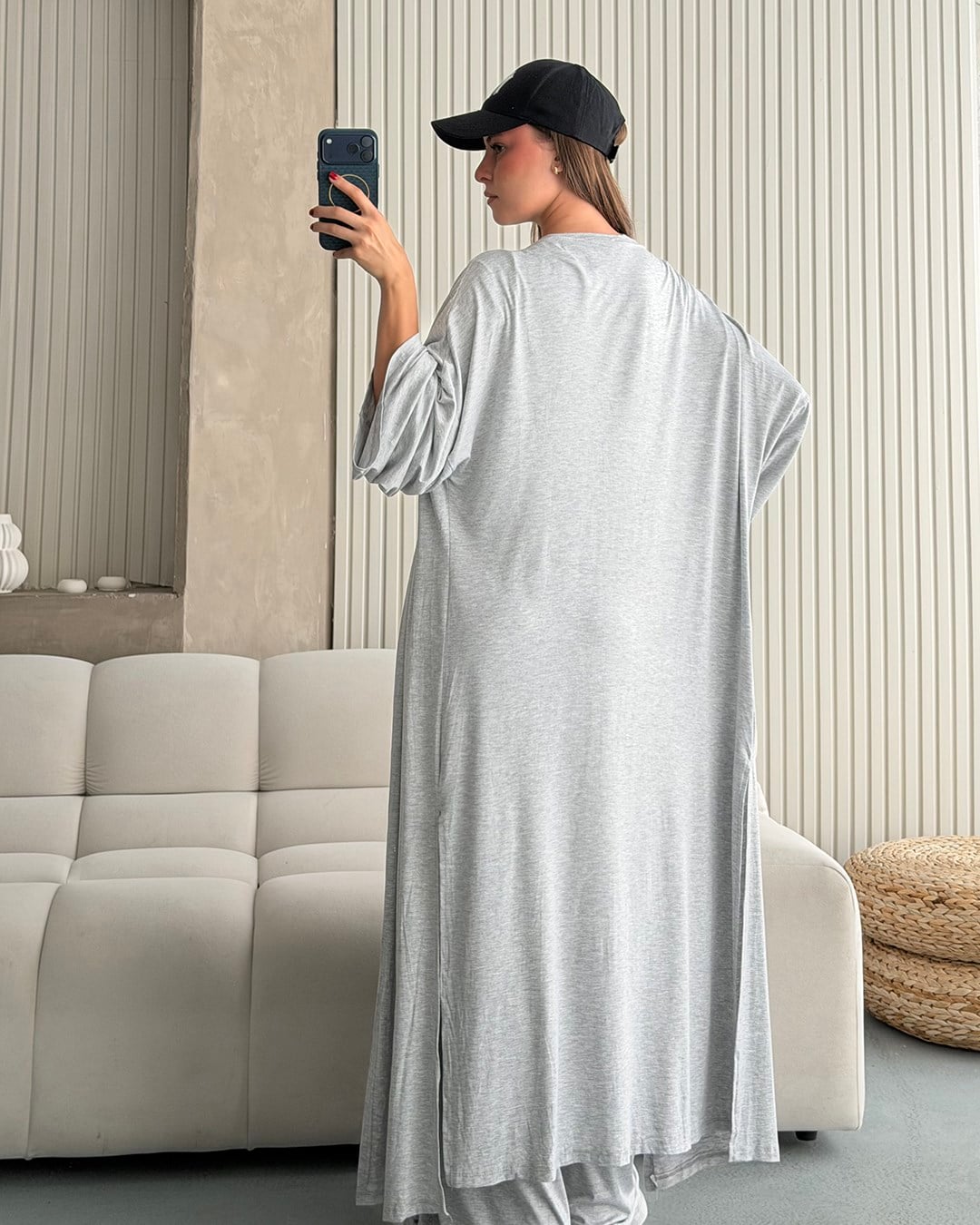Gri Kimono Pantolon Bluz Üçlü Takım